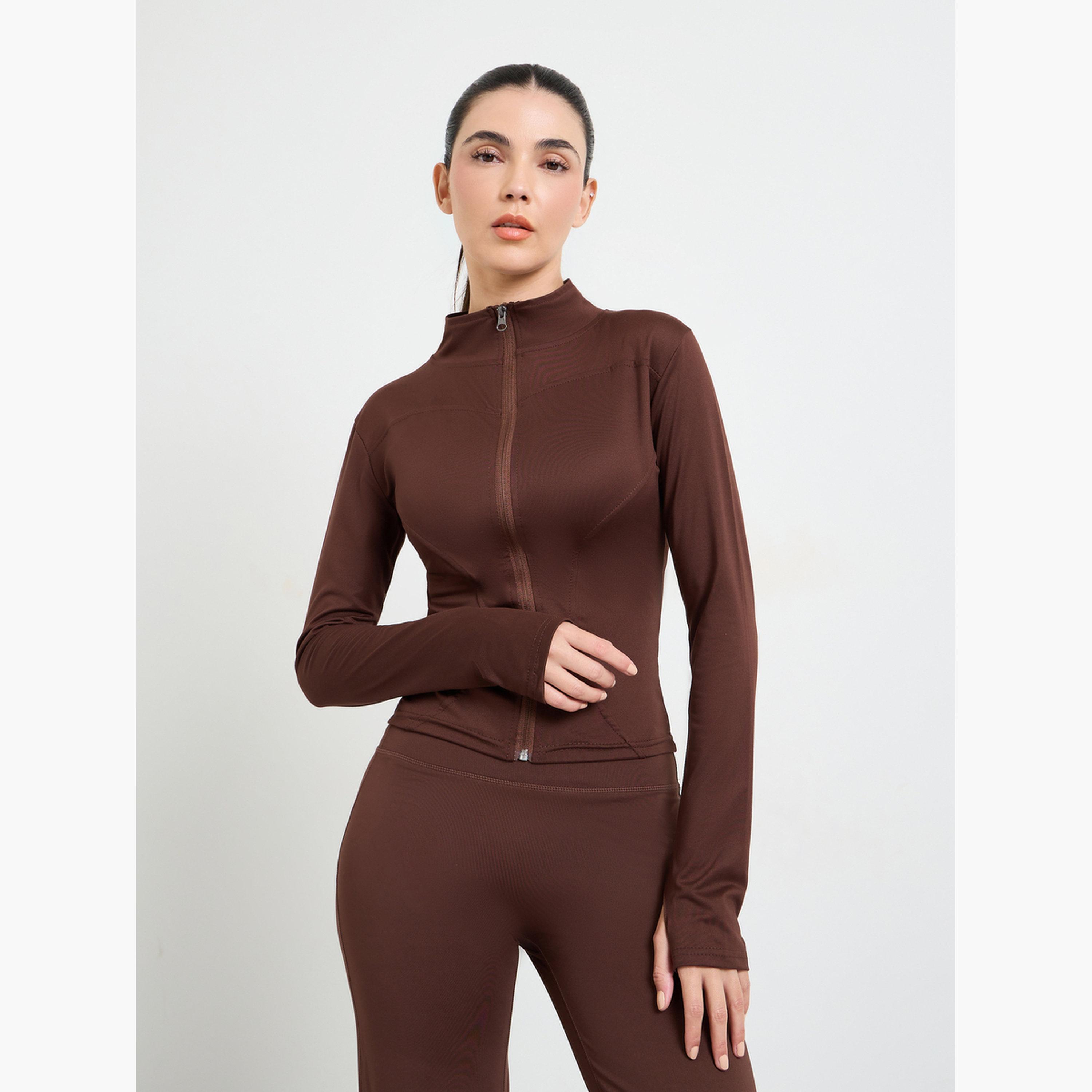 ستايلي - جاكيت بني اللون بسحاب مع فتحة للإبهام-sports-women-clothing-coatsandjackets-jackets-image-1