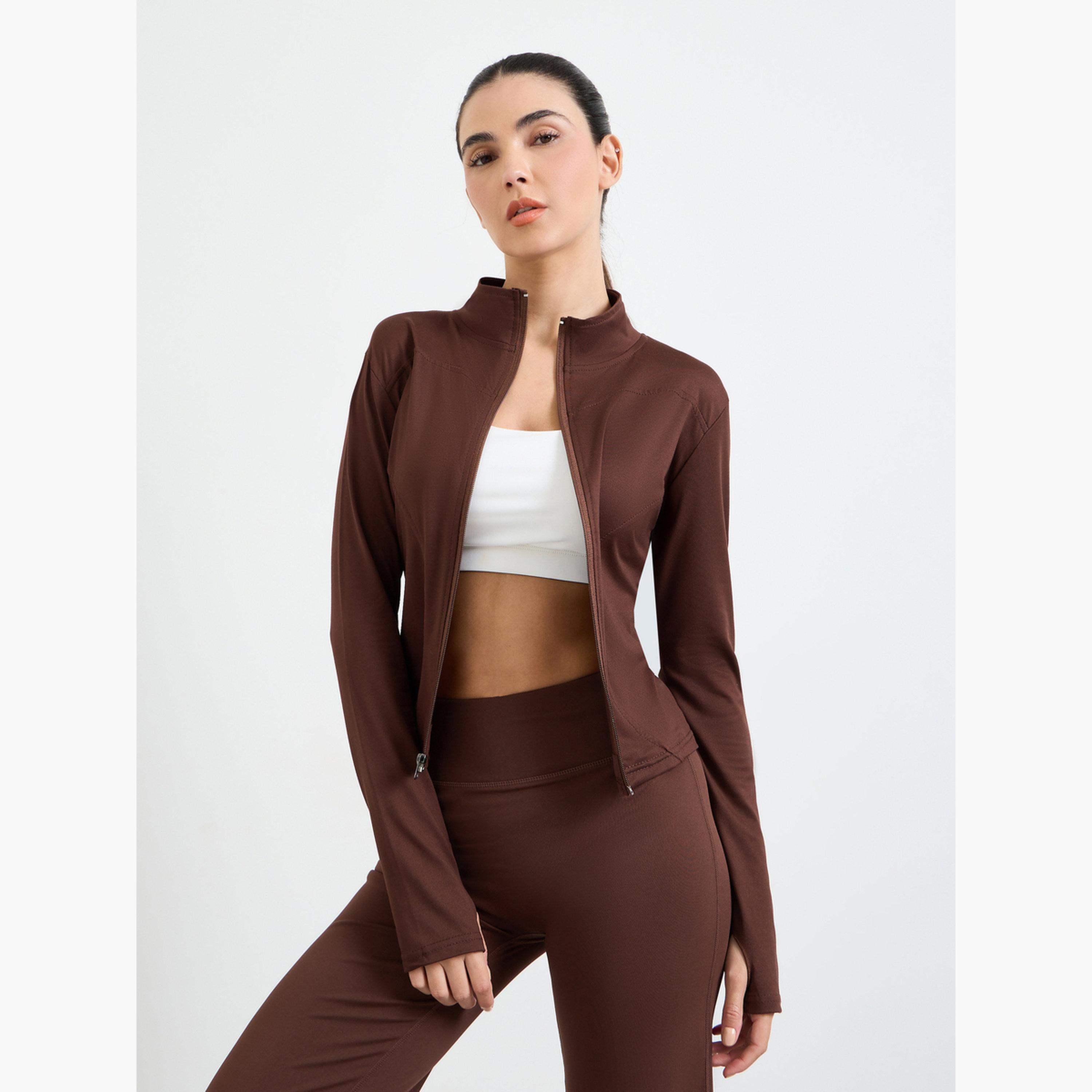 Styli Brown Basic Thumbhole Detail Zip Up Jacket-sports-women-clothing-coatsandjackets-jackets-image-3