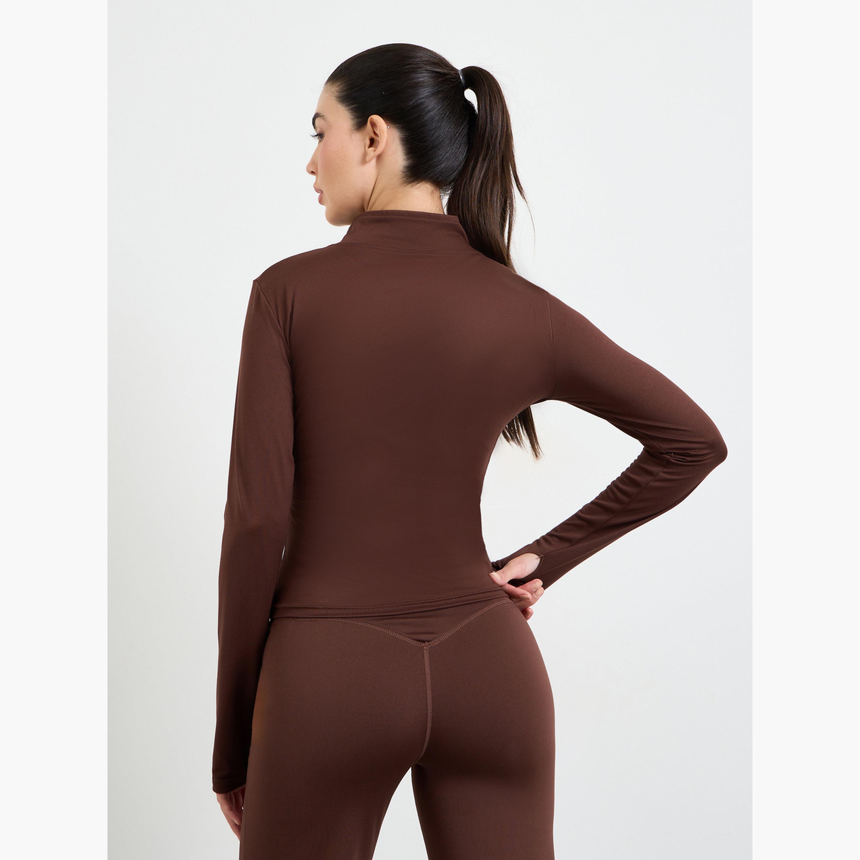 Styli Brown Basic Thumbhole Detail Zip Up Jacket-sports-women-clothing-coatsandjackets-jackets-image-4
