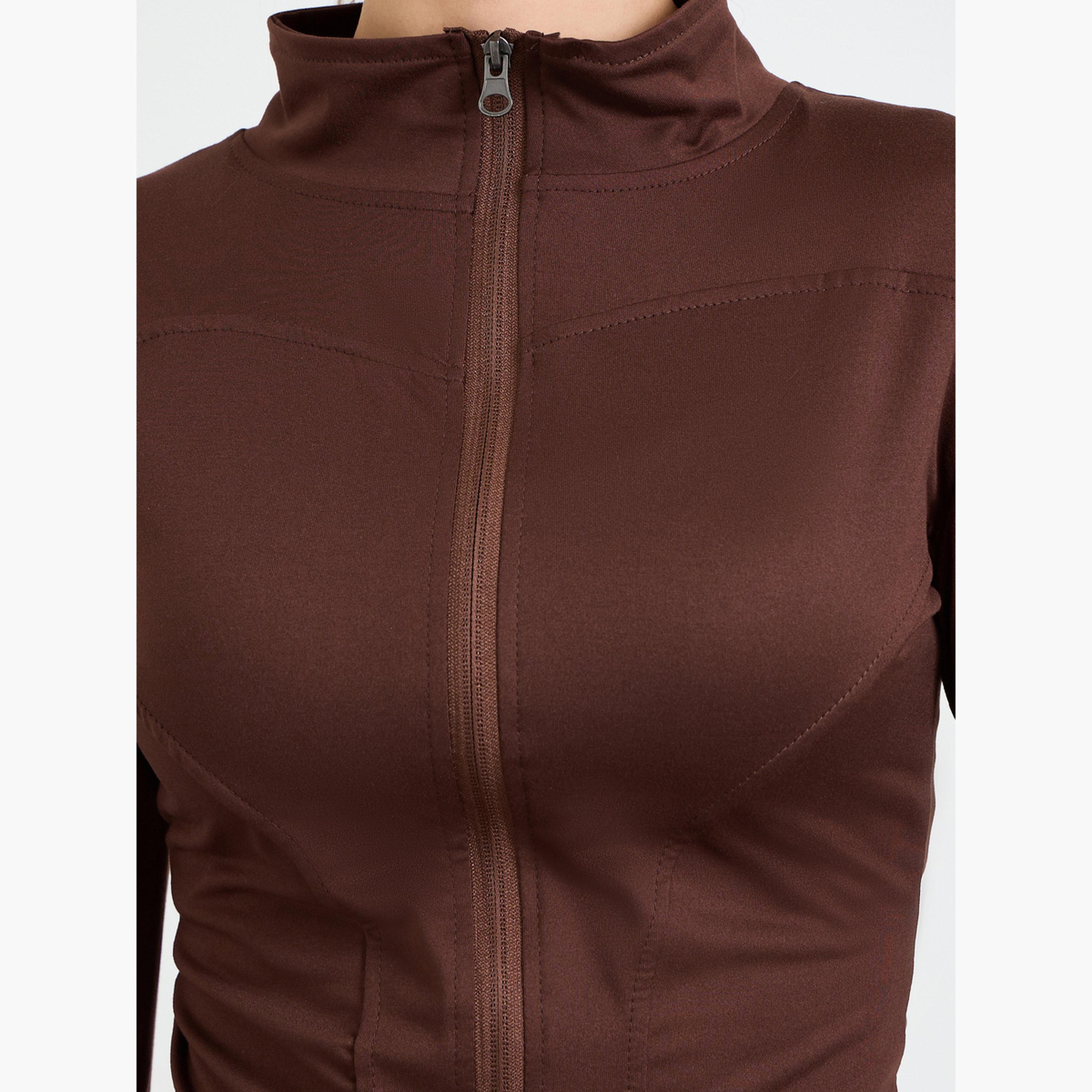 Styli Brown Basic Thumbhole Detail Zip Up Jacket-sports-women-clothing-coatsandjackets-jackets-image-5