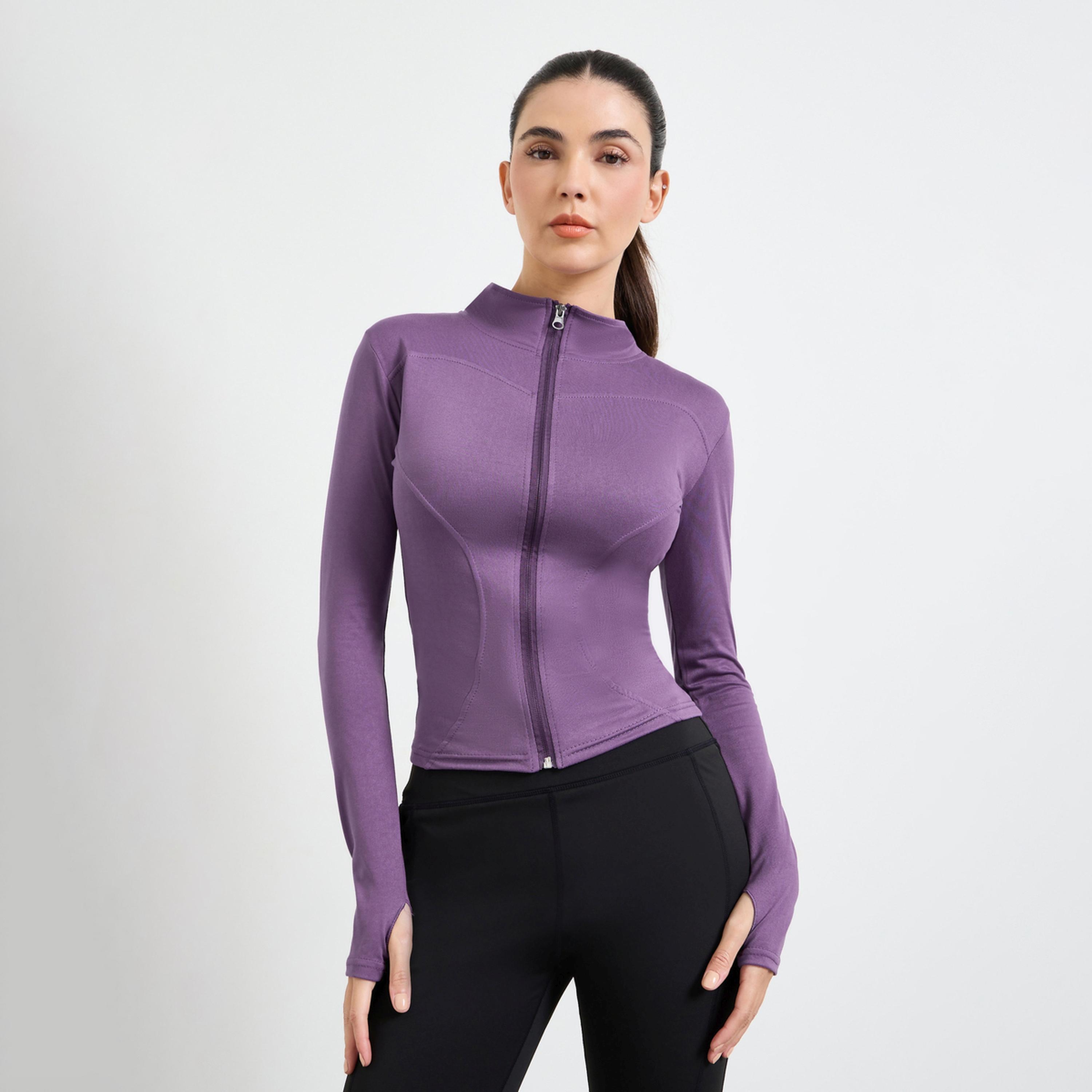 Styli Purple Basic Thumbhole Detail Zip Up Jacket-sports-women-clothing-coatsandjackets-jackets-image-1