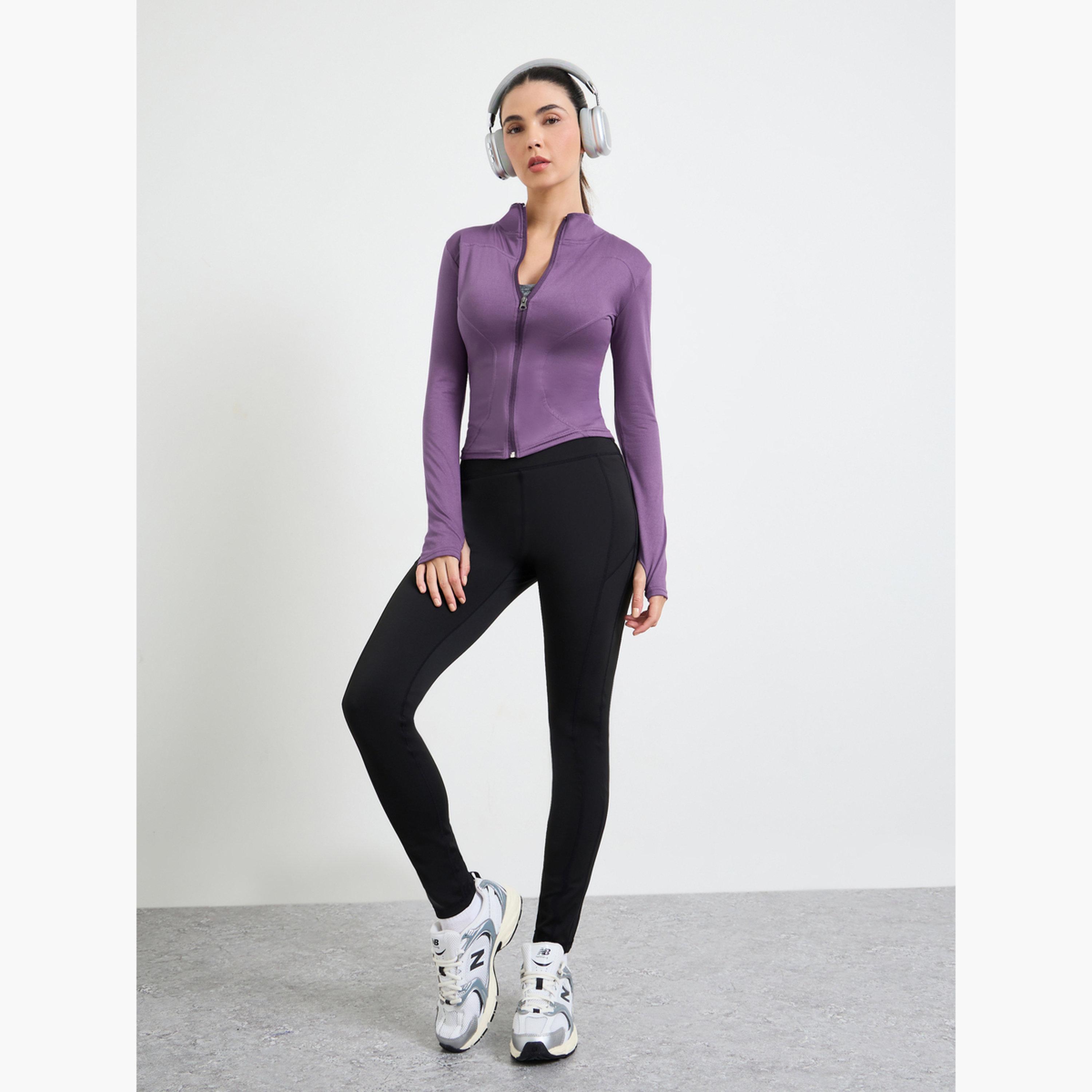 Styli Purple Basic Thumbhole Detail Zip Up Jacket-sports-women-clothing-coatsandjackets-jackets-image-2