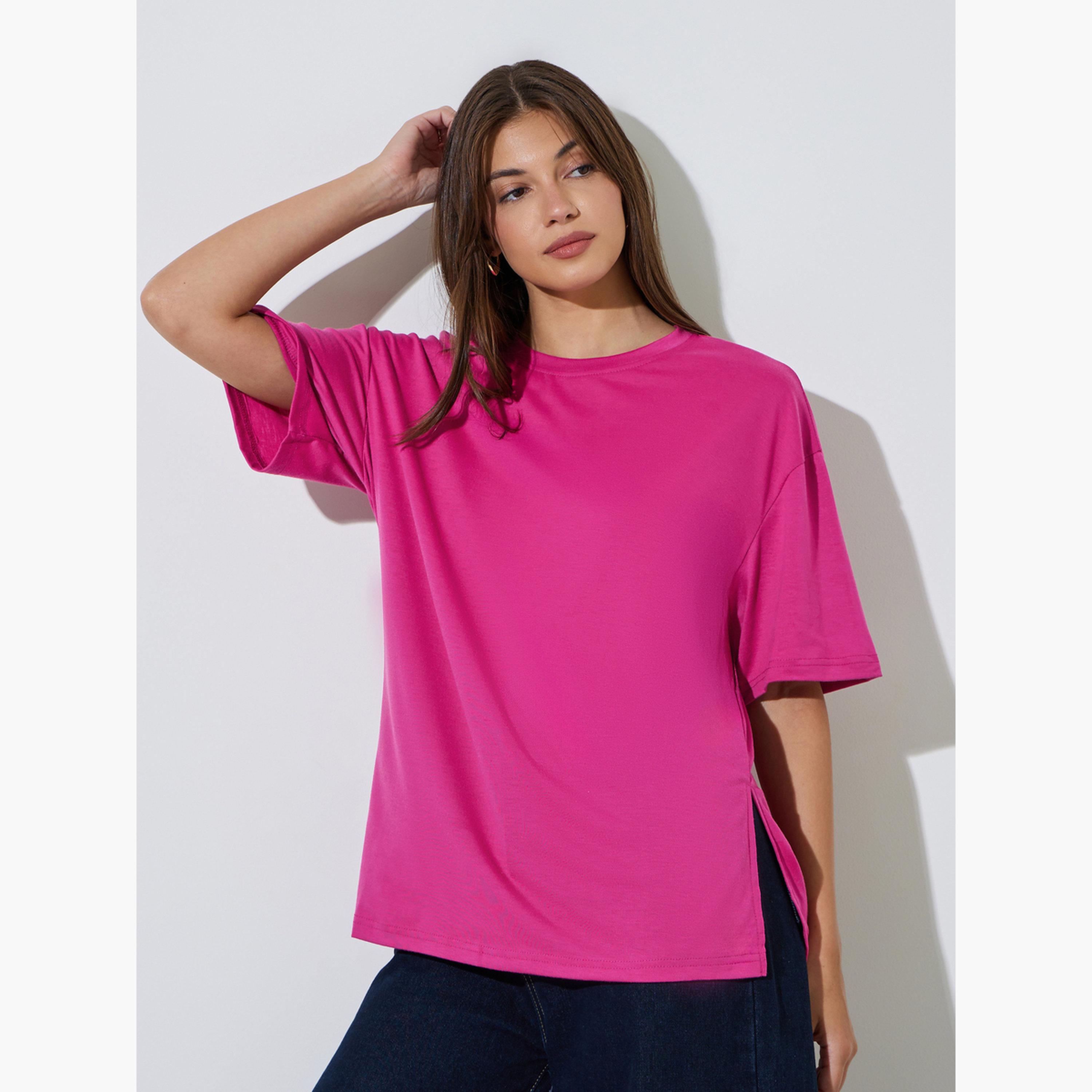 تيشيرت واسع وردي بفتحة جانبية-women-clothing-tshirts-image-1