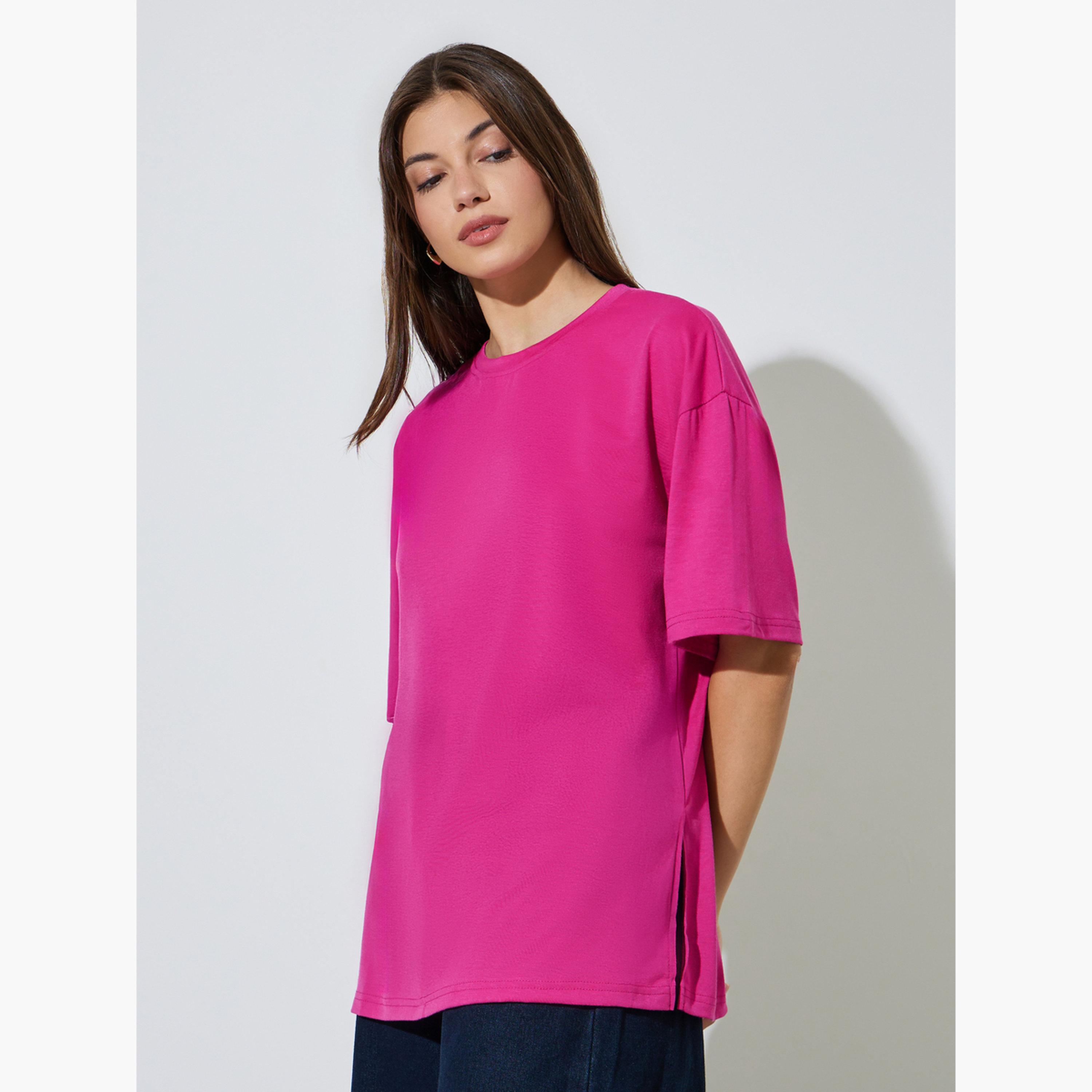 تيشيرت واسع وردي بفتحة جانبية-women-clothing-tshirts-image-3