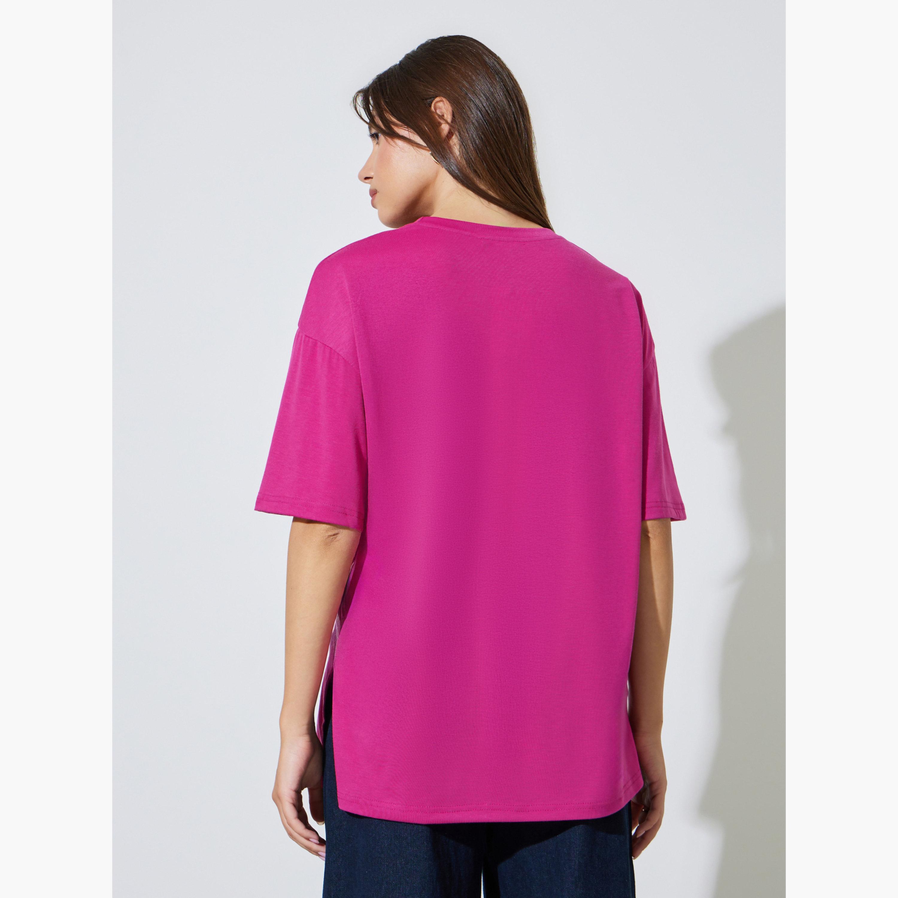 تيشيرت واسع وردي بفتحة جانبية-women-clothing-tshirts-image-4