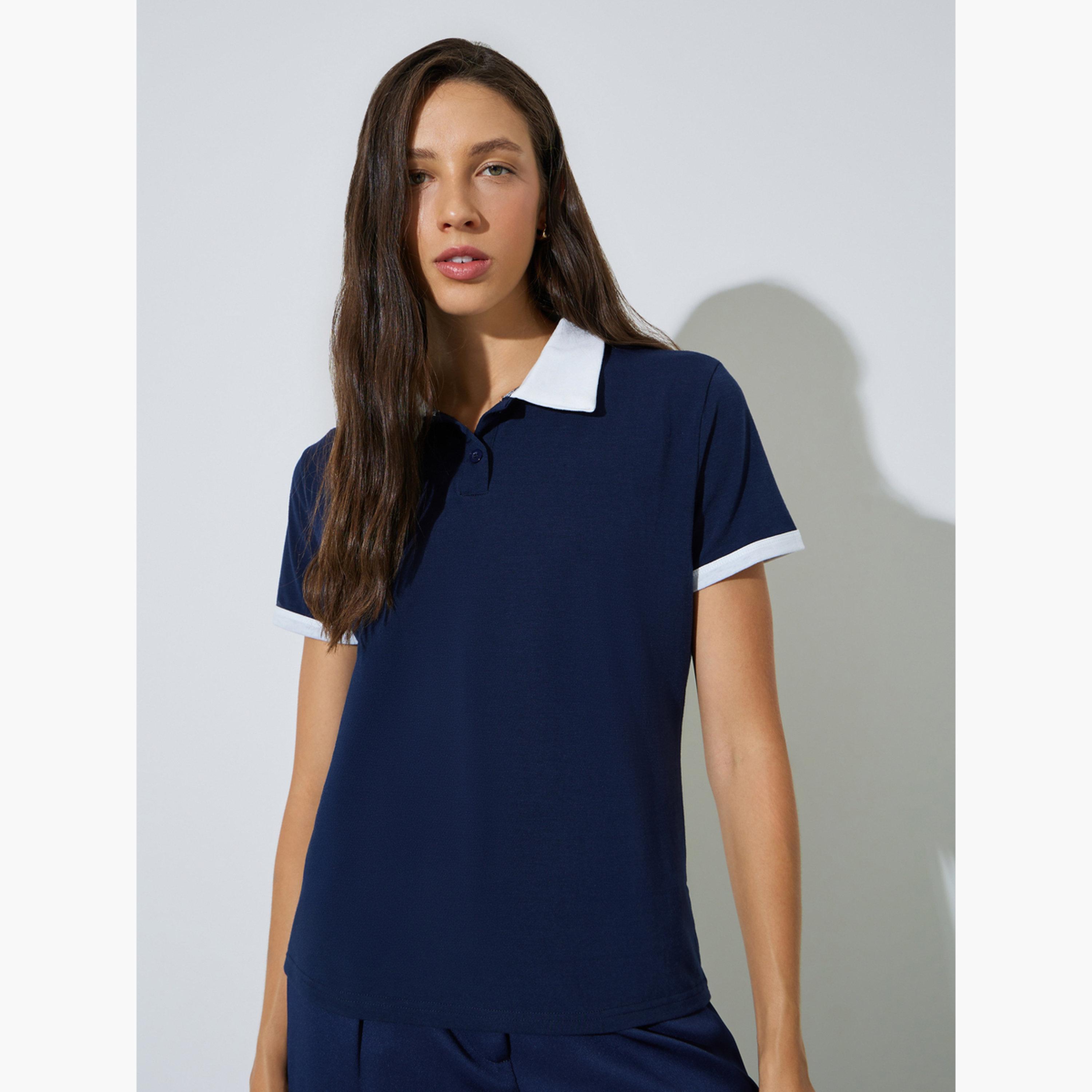 Styli Dark Blue Solid Regular Fit Polo T-Shirt-women-clothing-tshirts-image-1