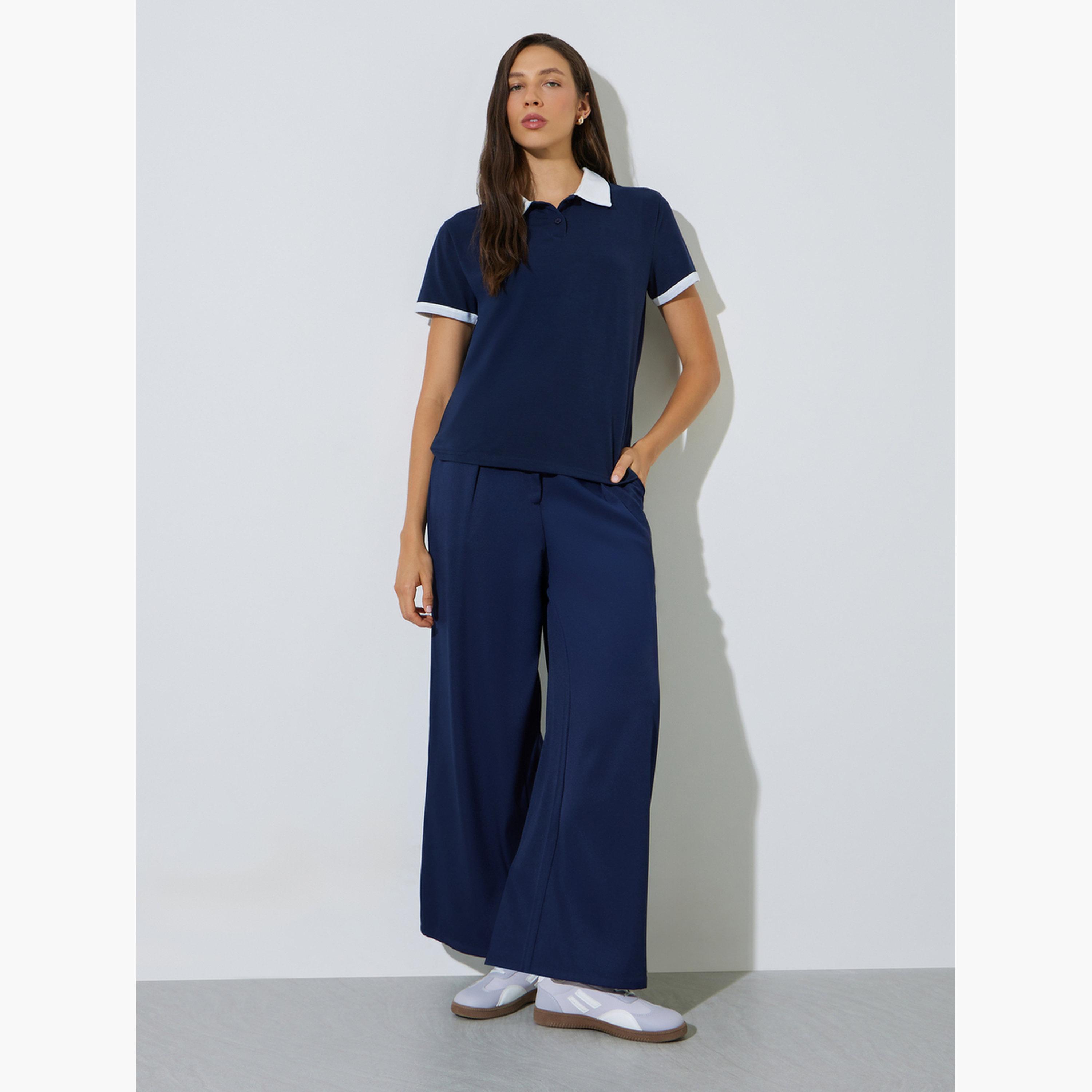 Styli Dark Blue Solid Regular Fit Polo T-Shirt-women-clothing-tshirts-image-2