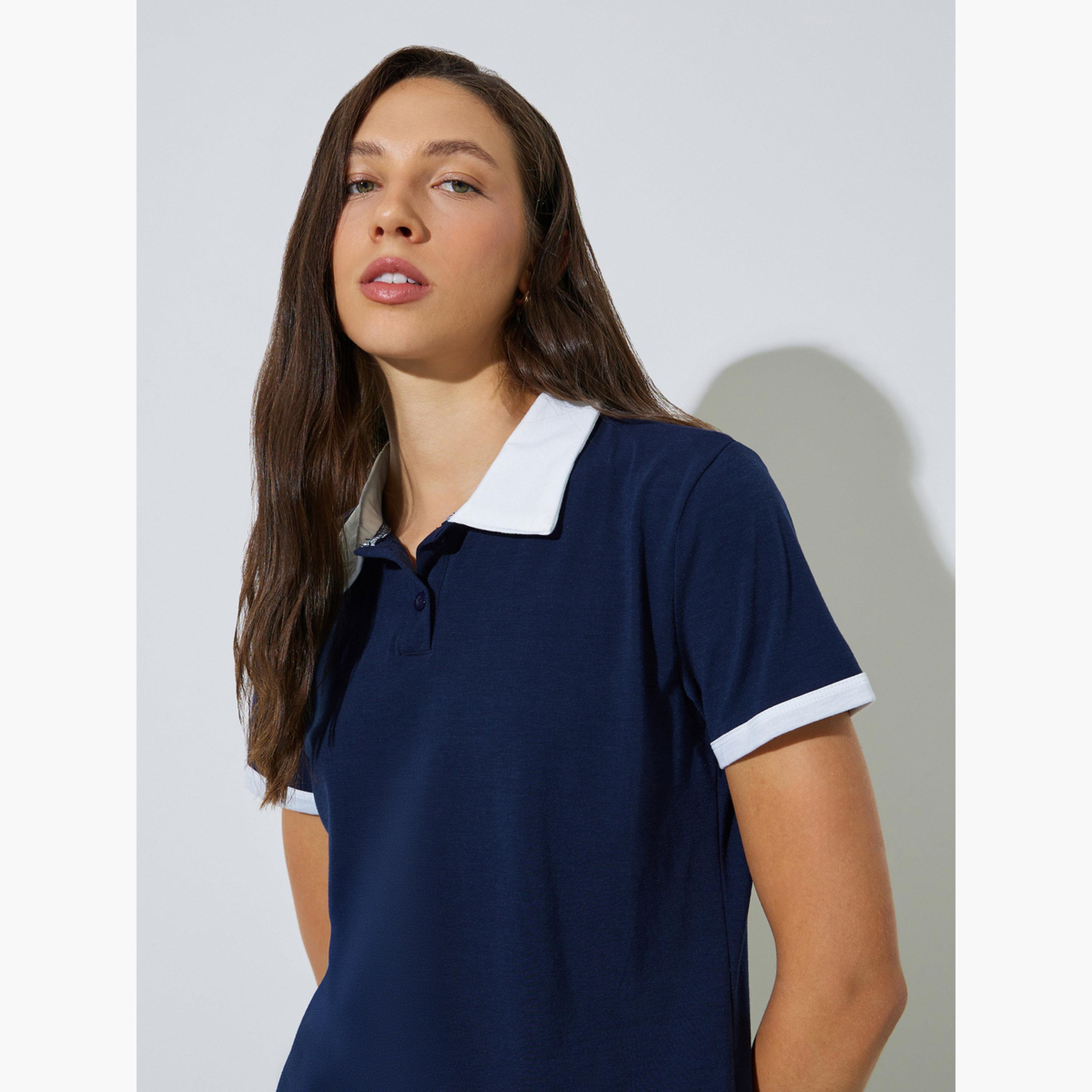 Styli Dark Blue Solid Regular Fit Polo T-Shirt-women-clothing-tshirts-image-3