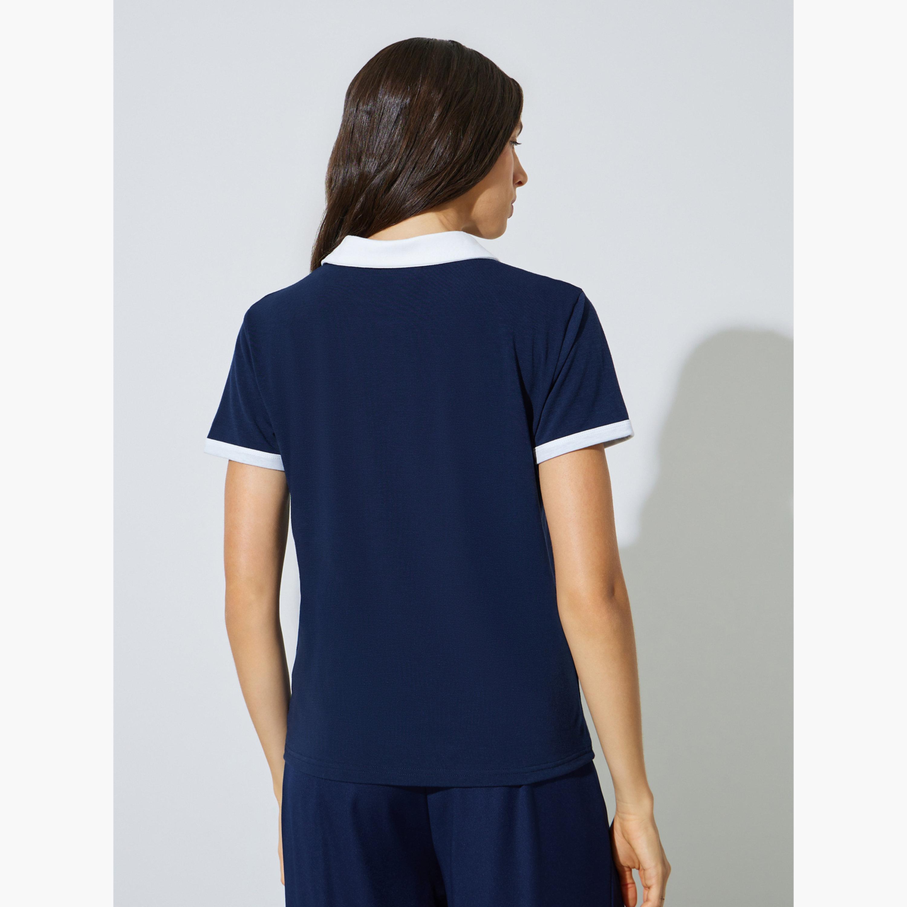 Styli Dark Blue Solid Regular Fit Polo T-Shirt-women-clothing-tshirts-image-4
