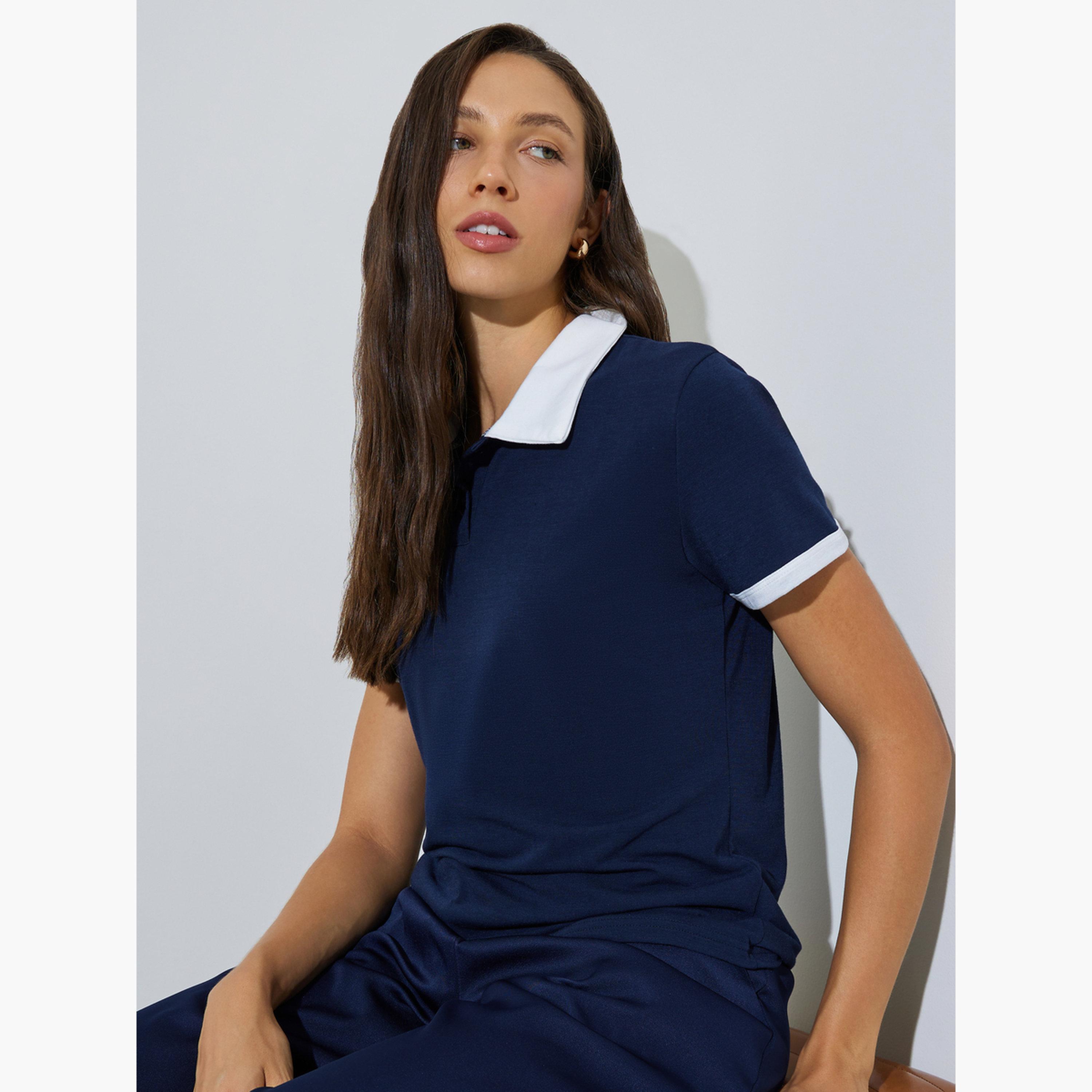 Styli Dark Blue Solid Regular Fit Polo T-Shirt-women-clothing-tshirts-image-5