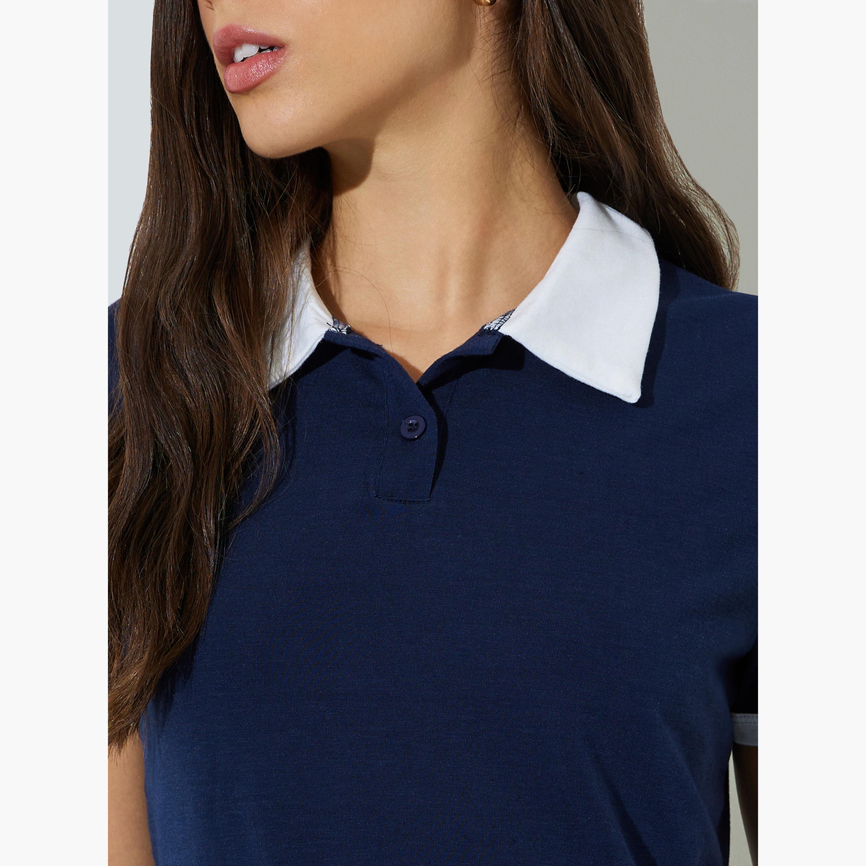 Styli Dark Blue Solid Regular Fit Polo T-Shirt-women-clothing-tshirts-image-6