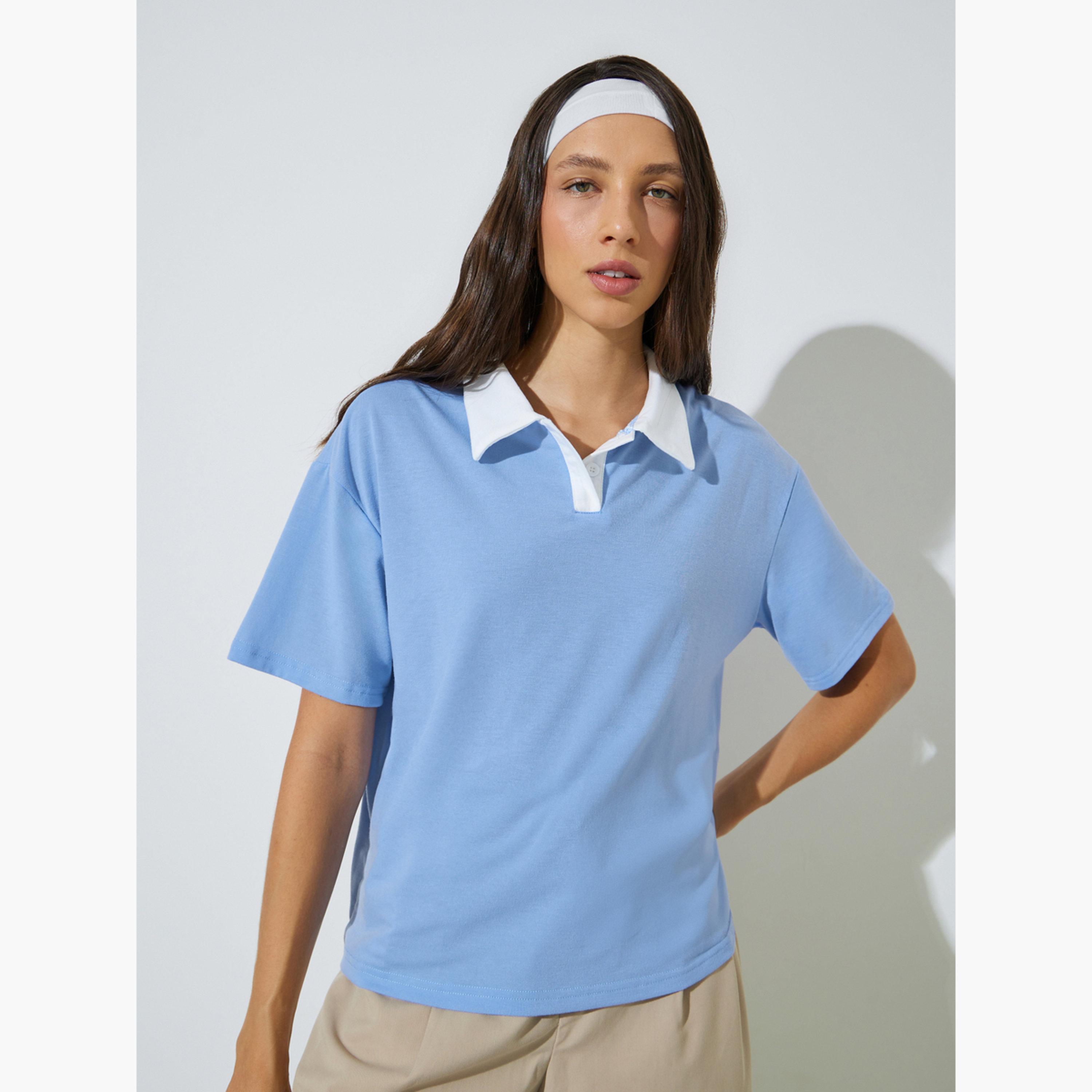 تيشيرت بولو بقصة عادية وأطراف متباينة-women-clothing-tshirts-image-1