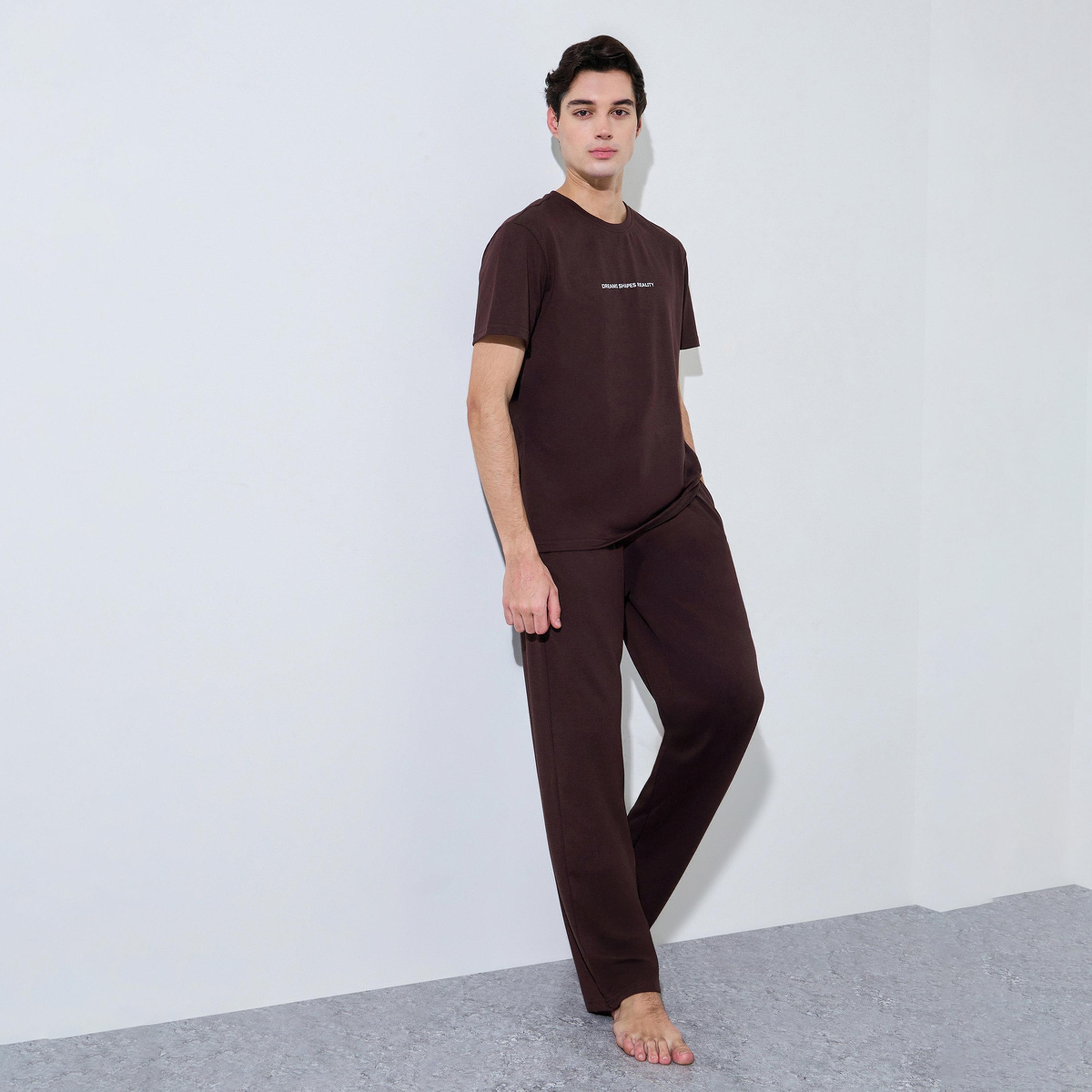 Styli Men Brown Slogan Print Top and Solid Pants Pyjama Set-men-clothing-nightwear-sets-image-1