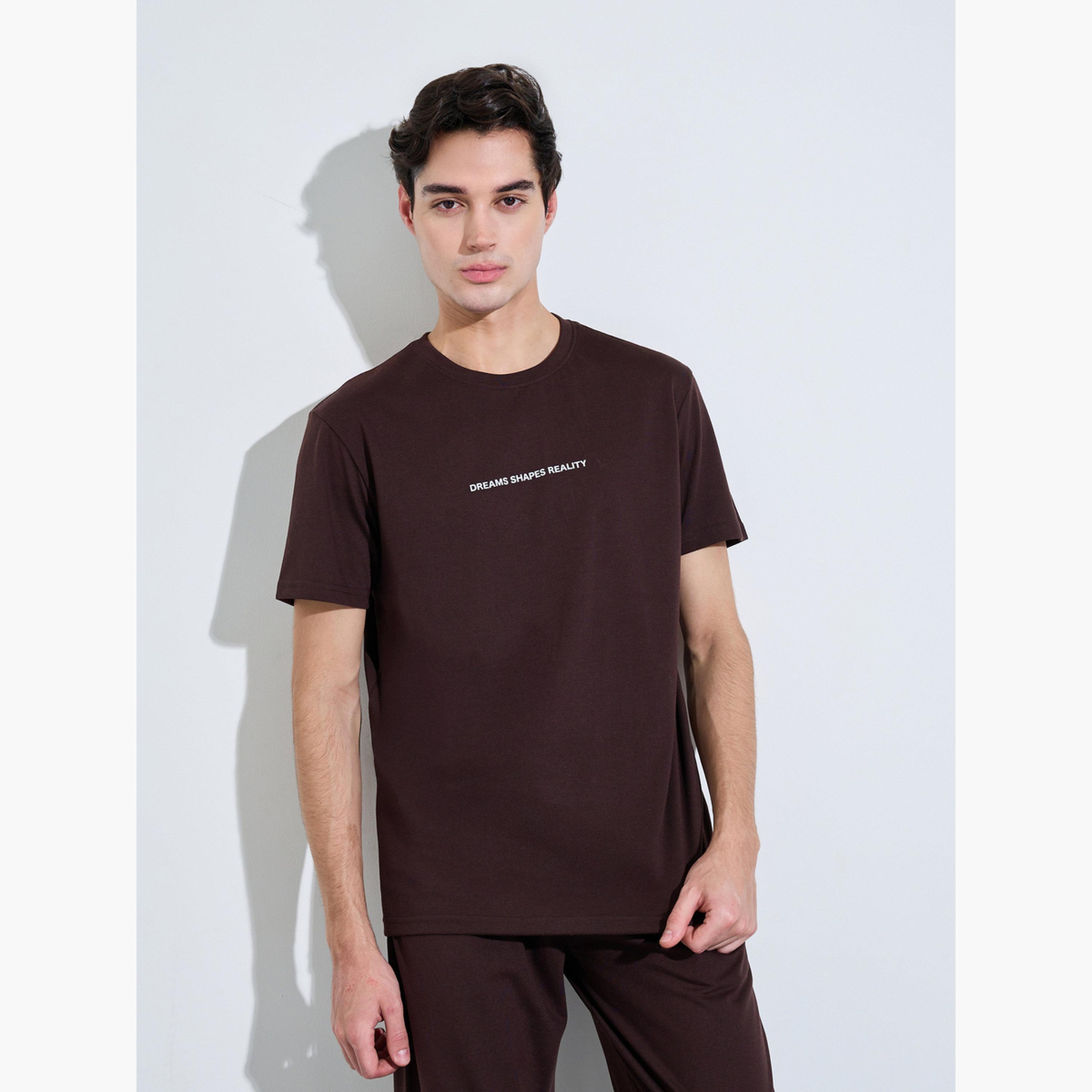 Styli Men Brown Slogan Print Top and Solid Pants Pyjama Set-men-clothing-nightwear-sets-image-2