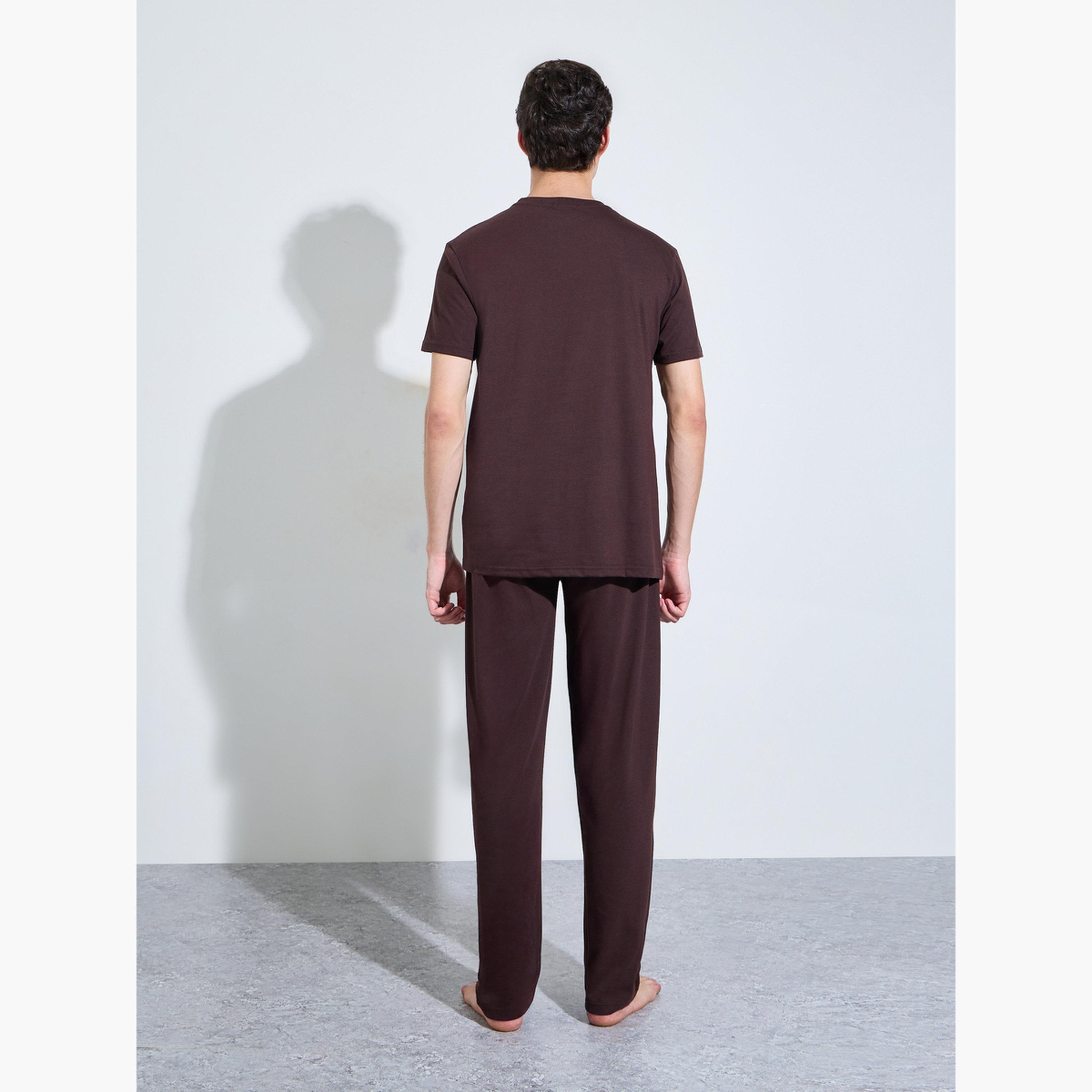 Styli Men Brown Slogan Print Top and Solid Pants Pyjama Set-men-clothing-nightwear-sets-image-3