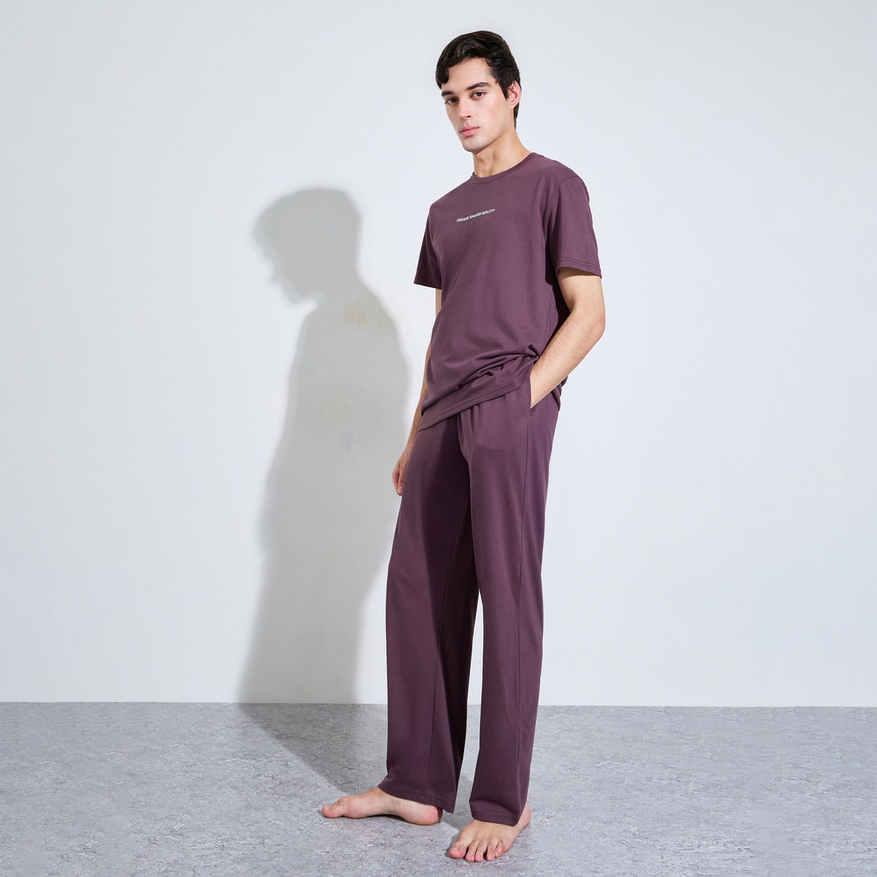 Styli Men Purple Slogan Print Top and Solid Pants Pyjama Set-men-clothing-nightwear-sets-image-1
