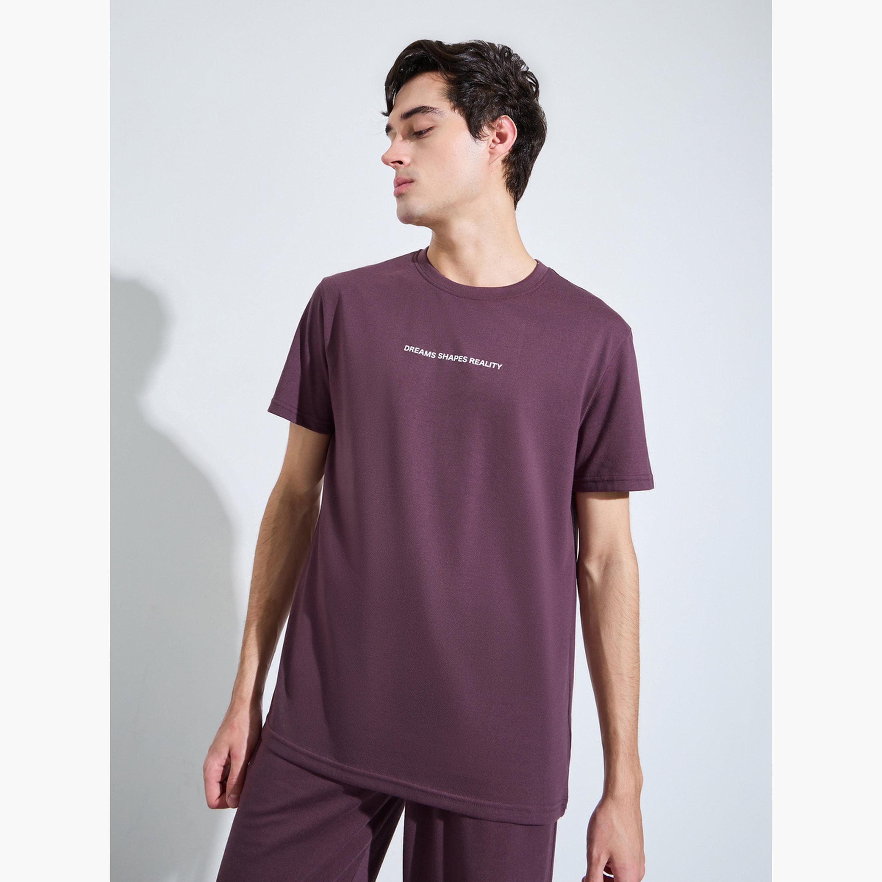 Styli Men Purple Slogan Print Top and Solid Pants Pyjama Set-men-clothing-nightwear-sets-image-3
