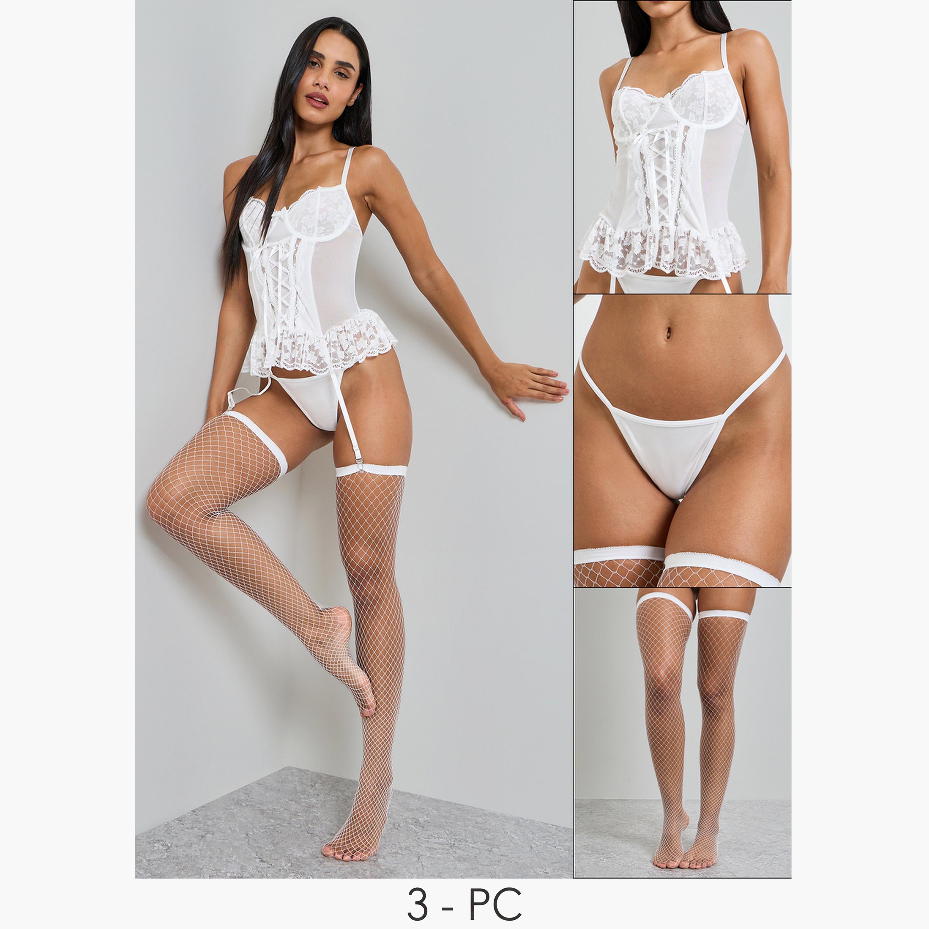Take Two Pack of 4 - White Bodysuit, Brief and Stockings Set-women-clothing-lingerie-babydollsandbodysuits-image-1