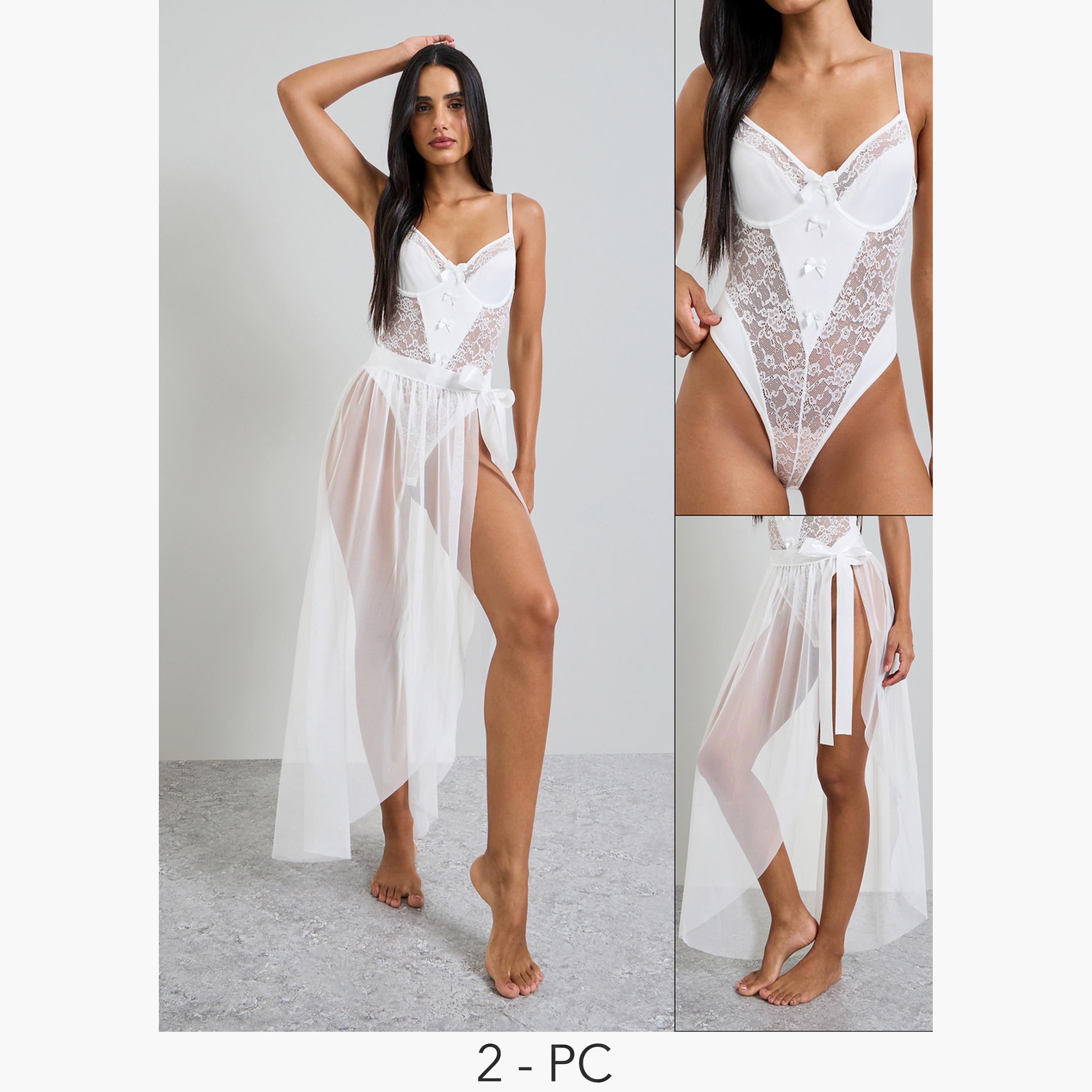 طقم من تنورة شبكية ملفوفة وبودي سوت دانتيل باللون الأبيض-women-clothing-lingerie-babydollsandbodysuits-image-1