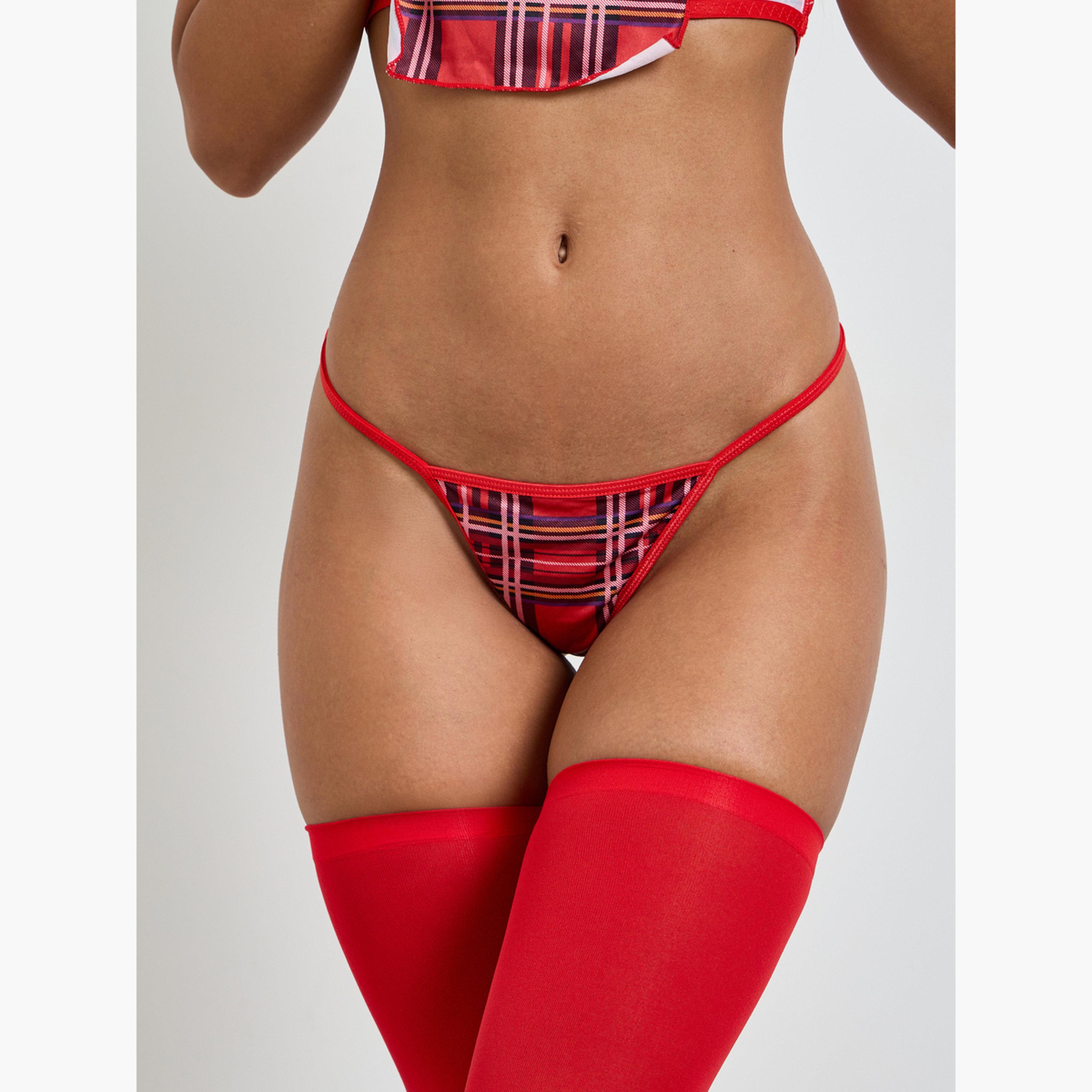 طقم للانجري من 6 قطع بتنورة وبلوزة قصيرة بنمط مربعات-women-clothing-lingerie-lingeriesets-image-4