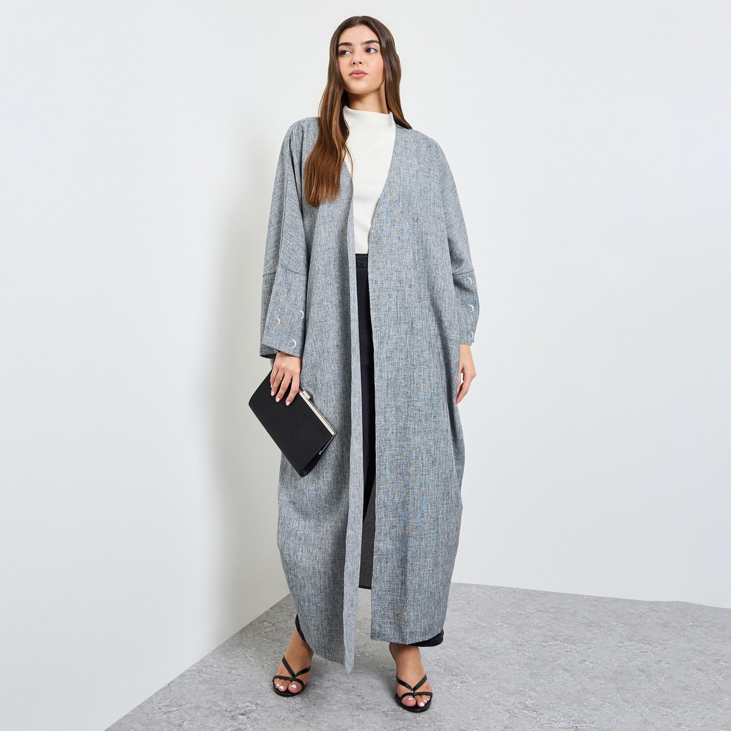 عباية رمادي مفتوحة من الأمام بأكمام مطرزة عند الأساور-women-arabicclothing-abayas-image-1