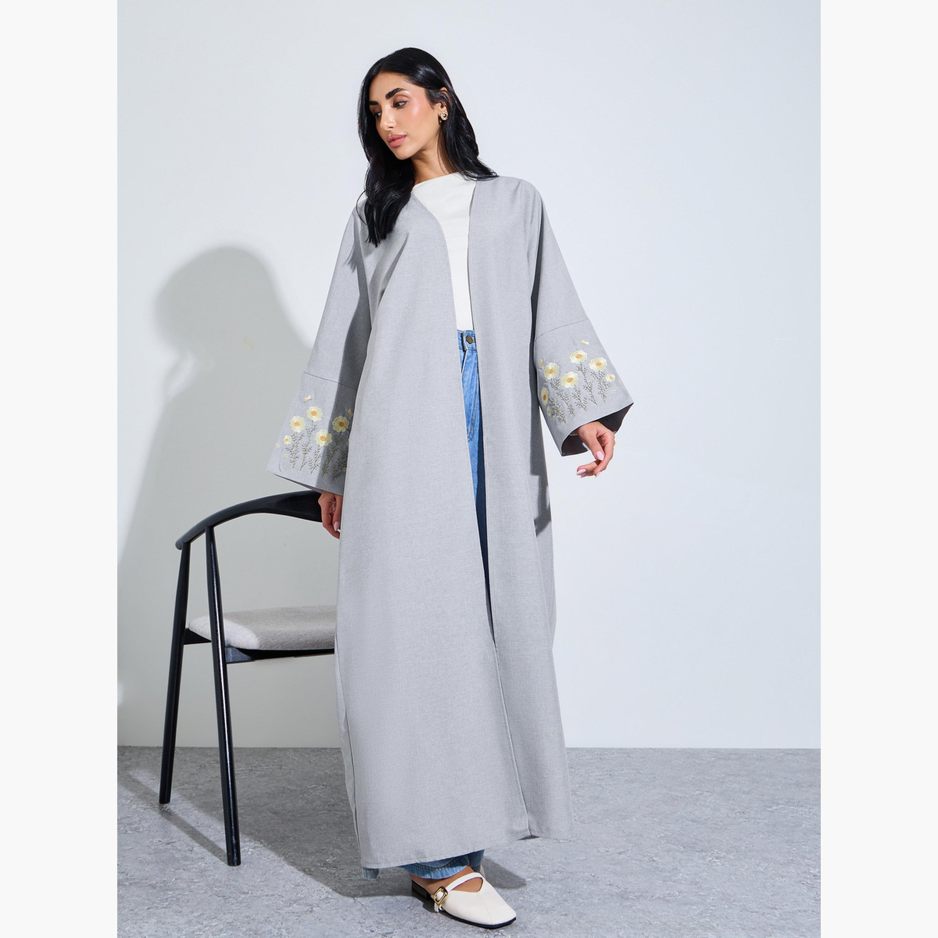 Amirah X Styli Grey Front Open Embroidered Floral Sleeve Abaya-women-arabicclothing-abayas-image-1