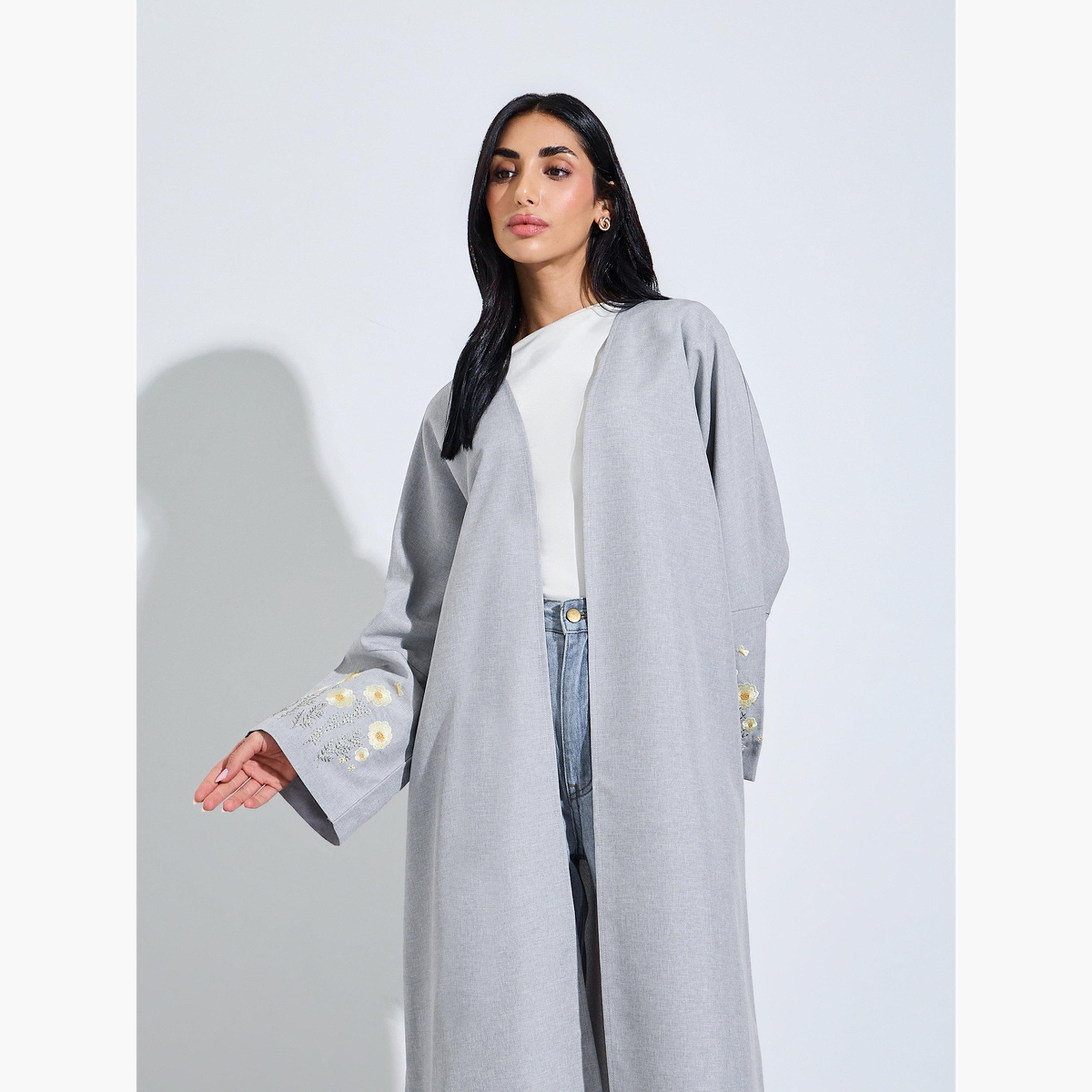 Amirah X Styli Grey Front Open Embroidered Floral Sleeve Abaya-women-arabicclothing-abayas-image-2