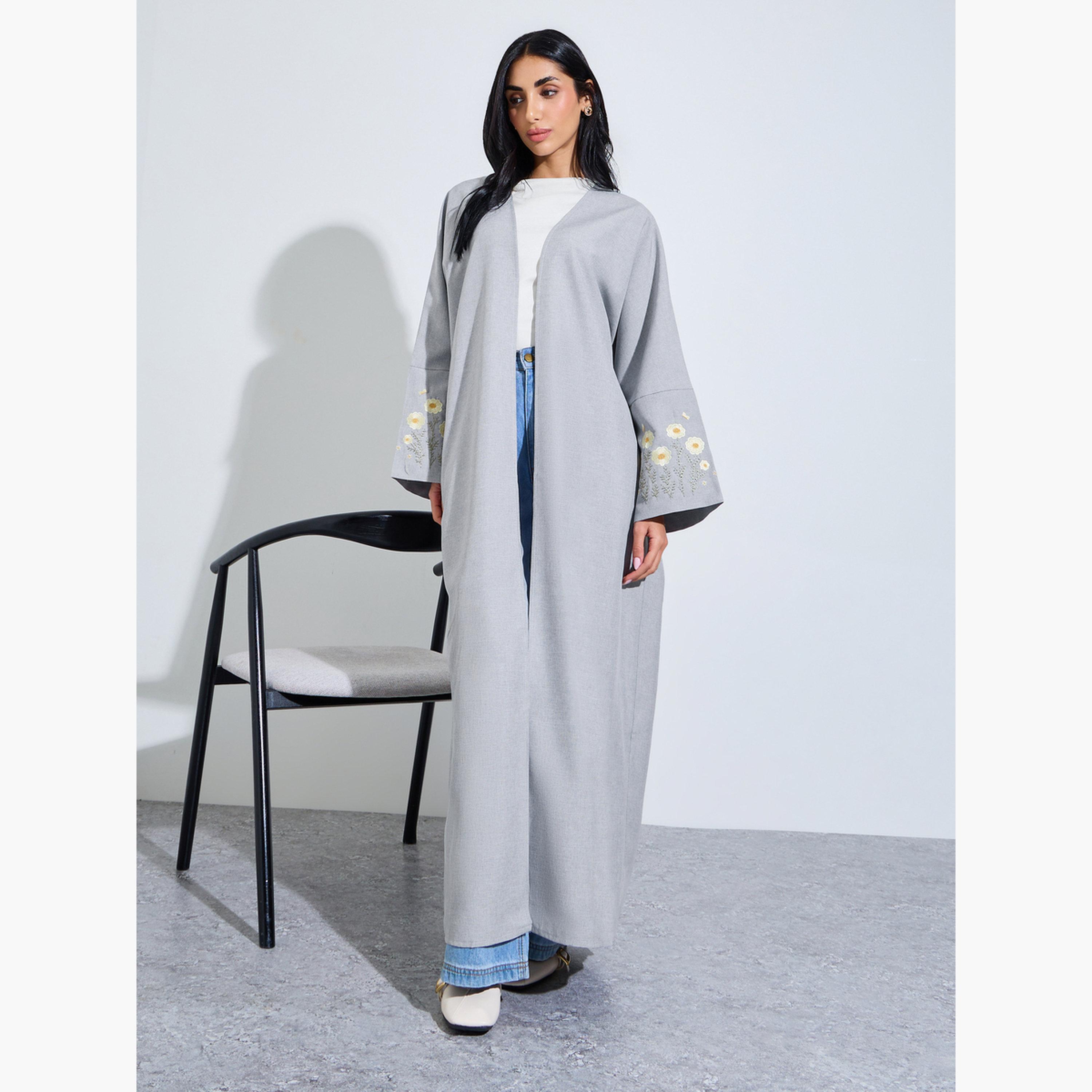 Amirah X Styli Grey Front Open Embroidered Floral Sleeve Abaya-women-arabicclothing-abayas-image-3