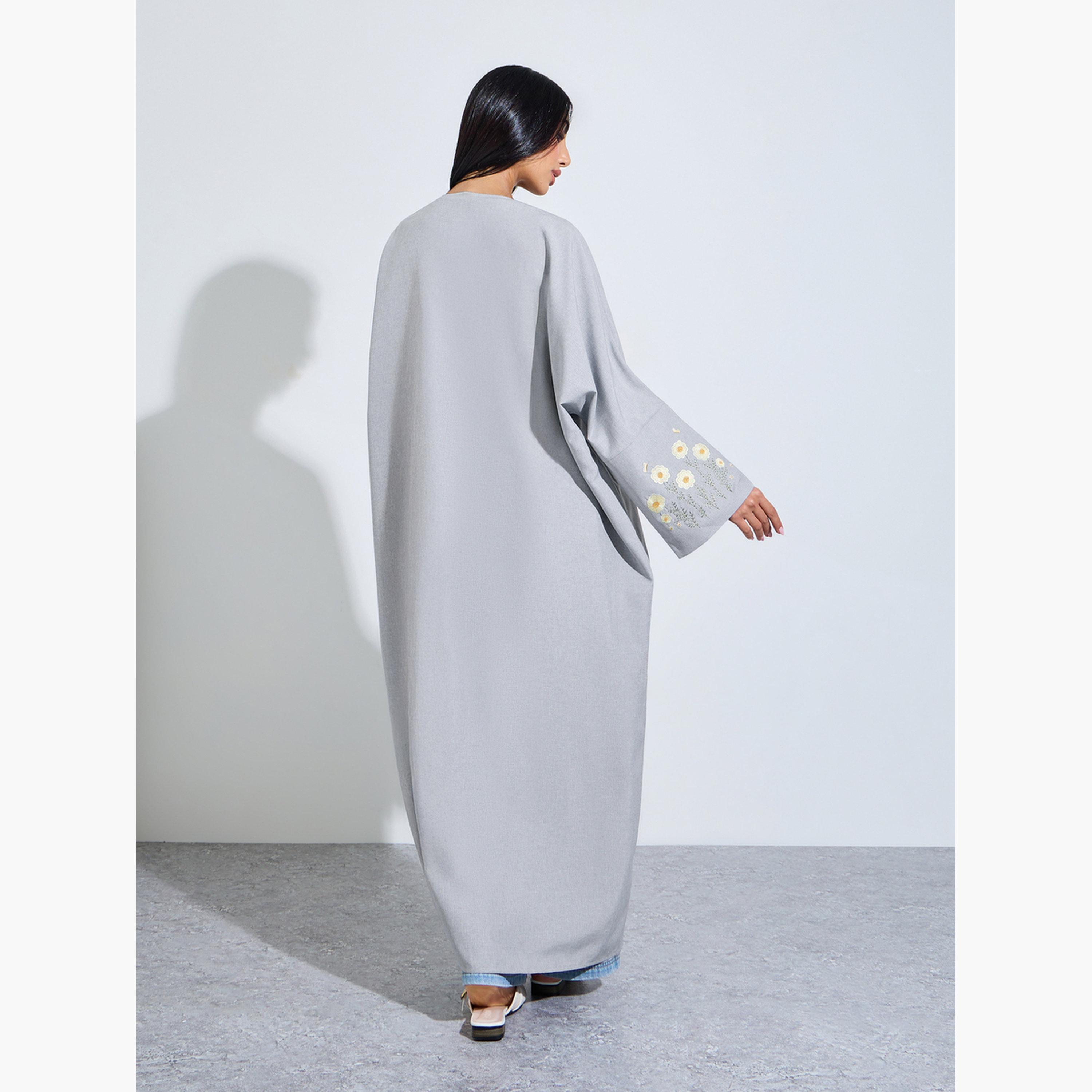 Amirah X Styli Grey Front Open Embroidered Floral Sleeve Abaya-women-arabicclothing-abayas-image-4