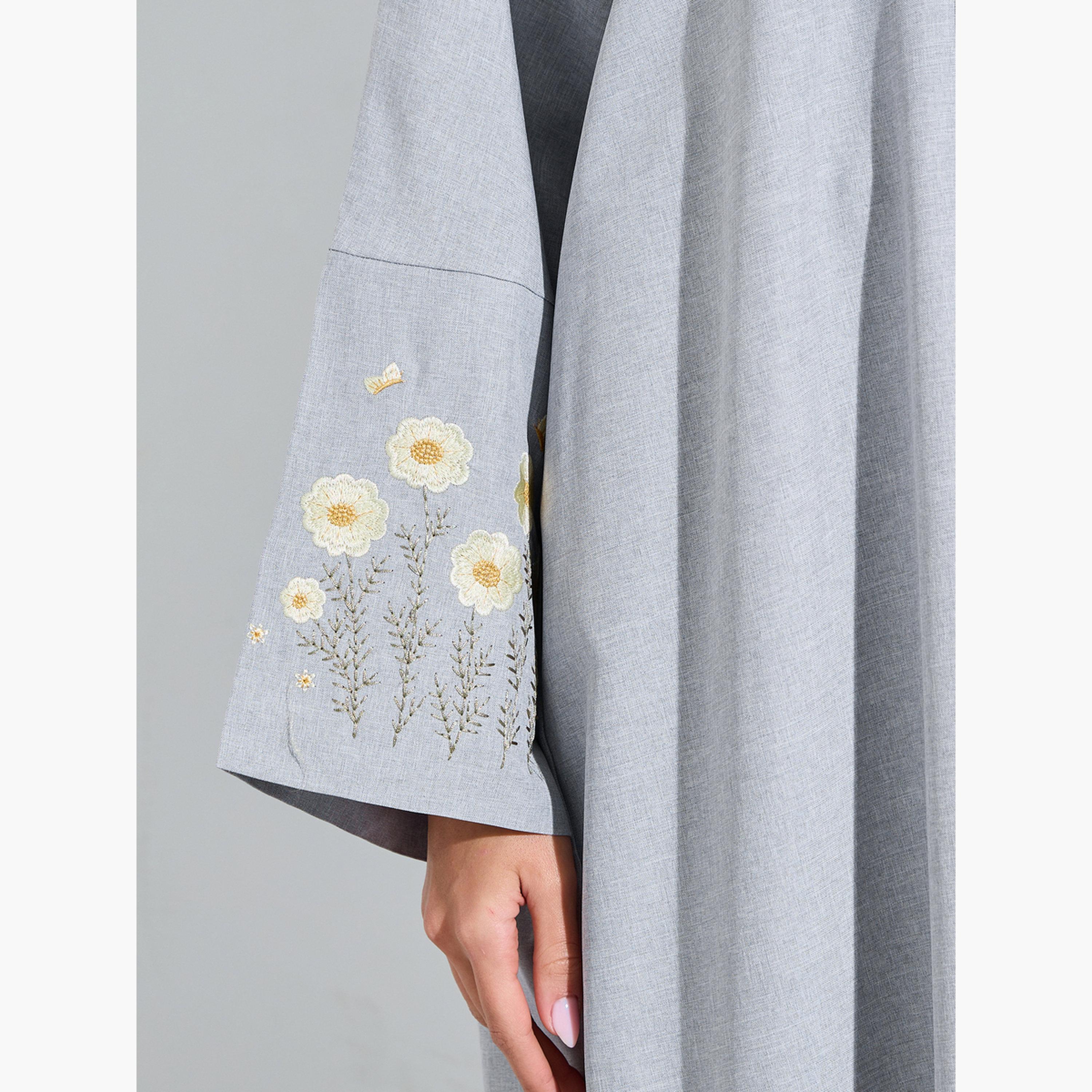 Amirah X Styli Grey Front Open Embroidered Floral Sleeve Abaya-women-arabicclothing-abayas-image-5