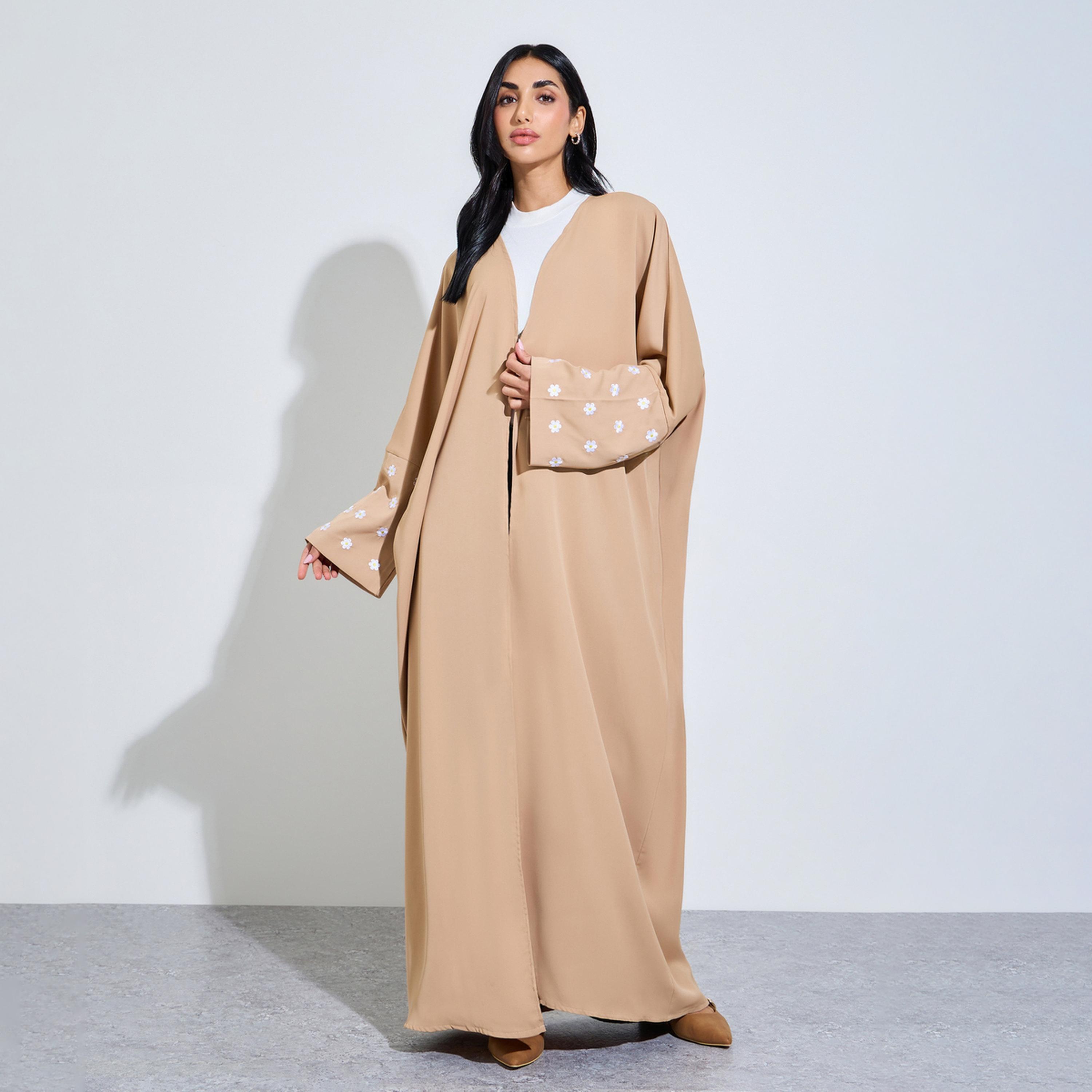 Amirah X Styli Brown Front Open Embroidered Floral Sleeve Abaya-women-arabicclothing-abayas-image-1