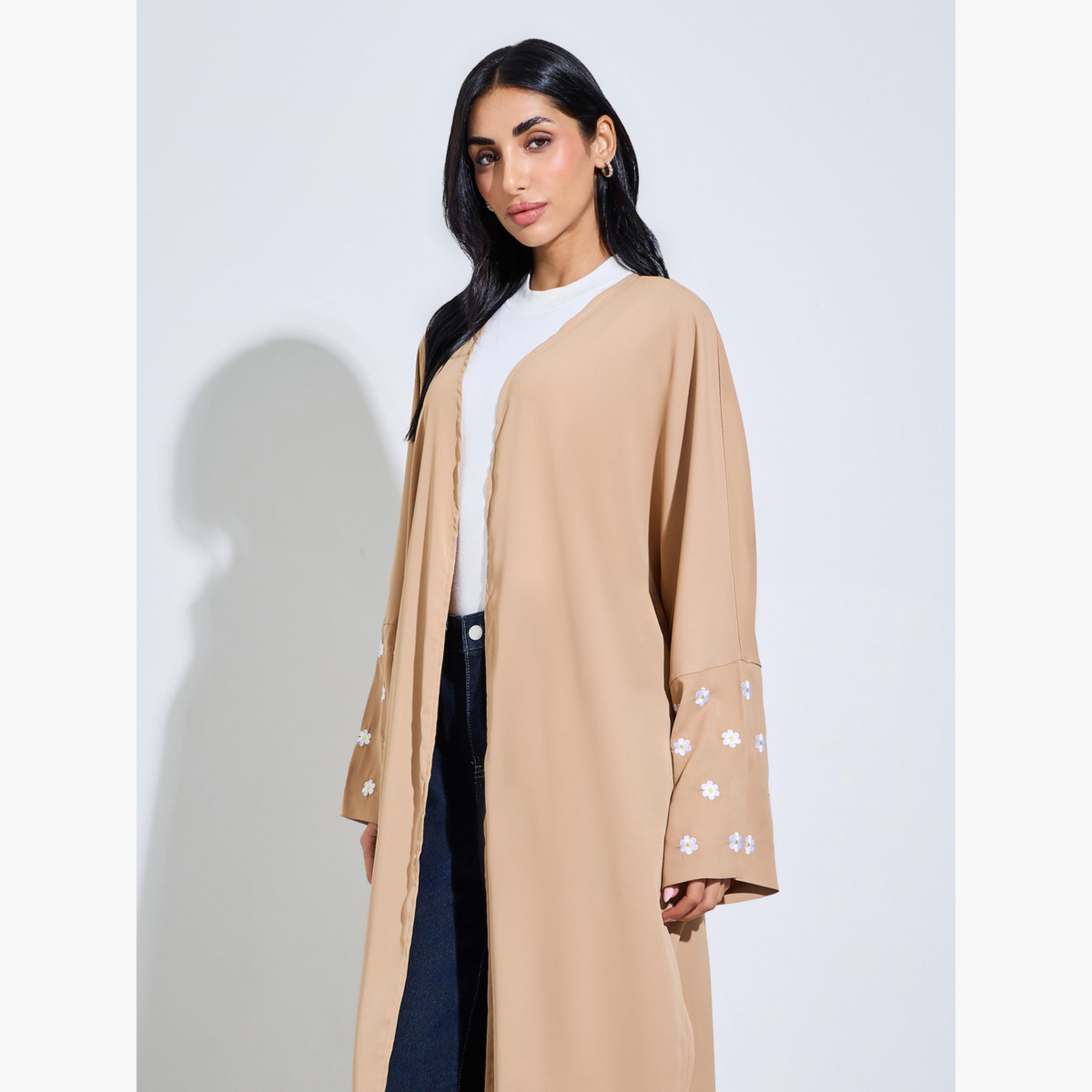 Amirah X Styli Brown Front Open Embroidered Floral Sleeve Abaya-women-arabicclothing-abayas-image-2
