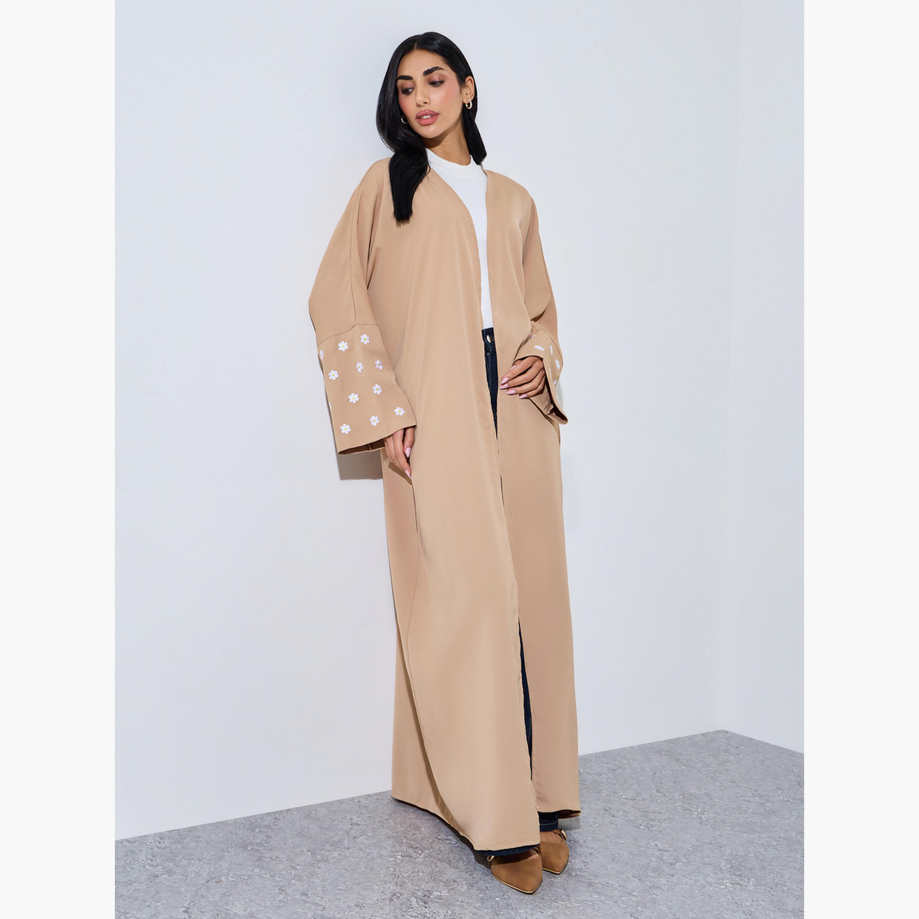 Amirah X Styli Brown Front Open Embroidered Floral Sleeve Abaya-women-arabicclothing-abayas-image-3