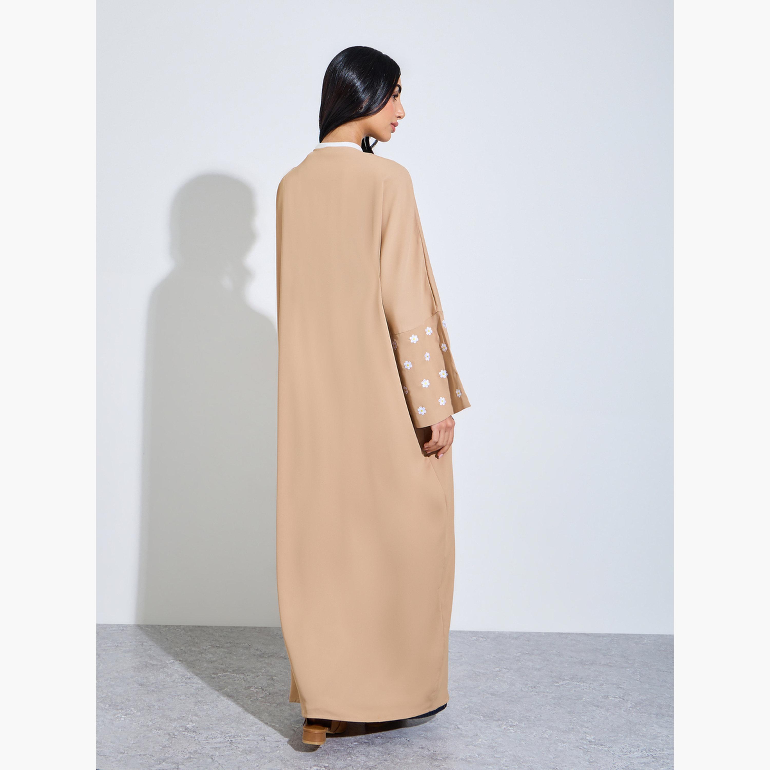 Amirah X Styli Brown Front Open Embroidered Floral Sleeve Abaya-women-arabicclothing-abayas-image-4