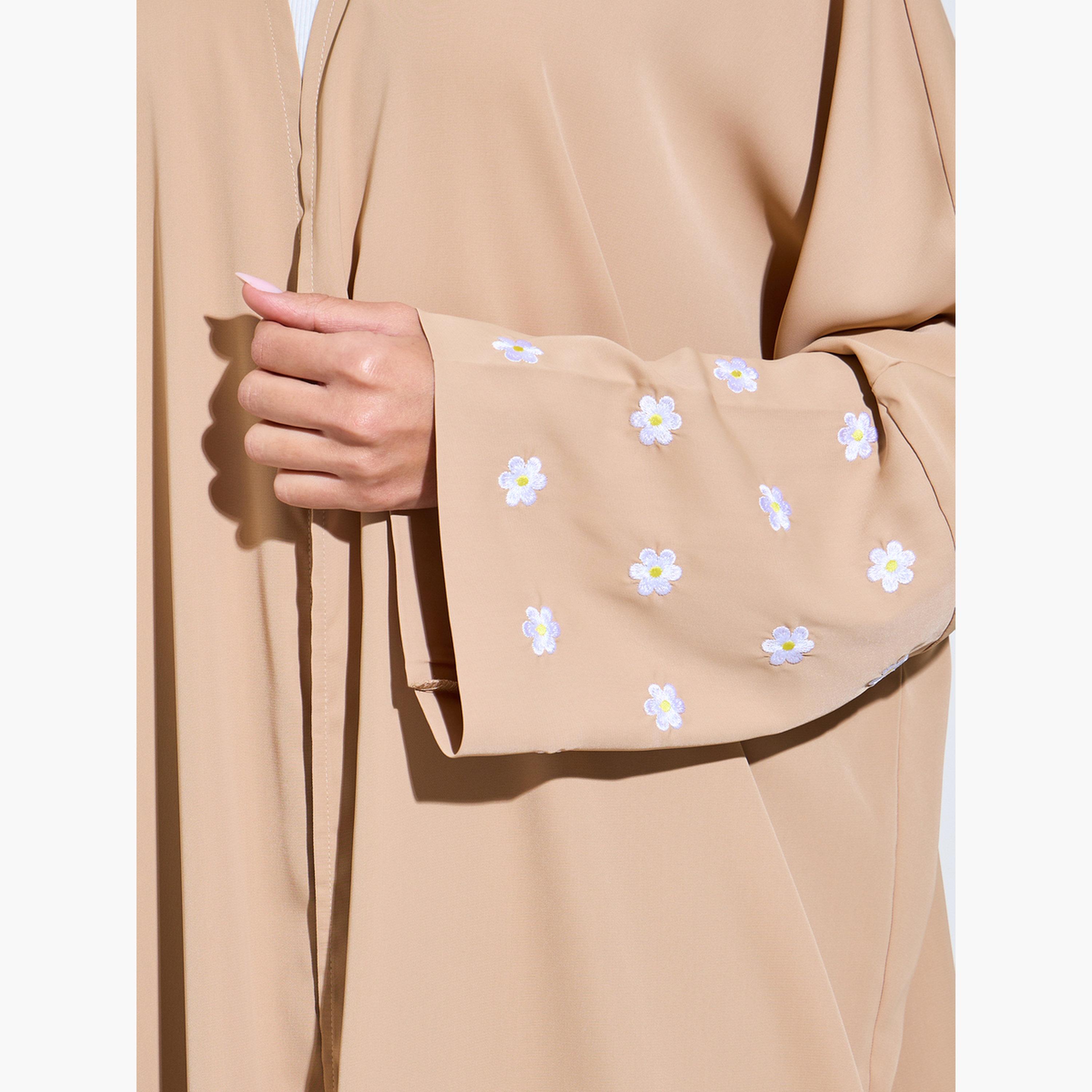 Amirah X Styli Brown Front Open Embroidered Floral Sleeve Abaya-women-arabicclothing-abayas-image-5