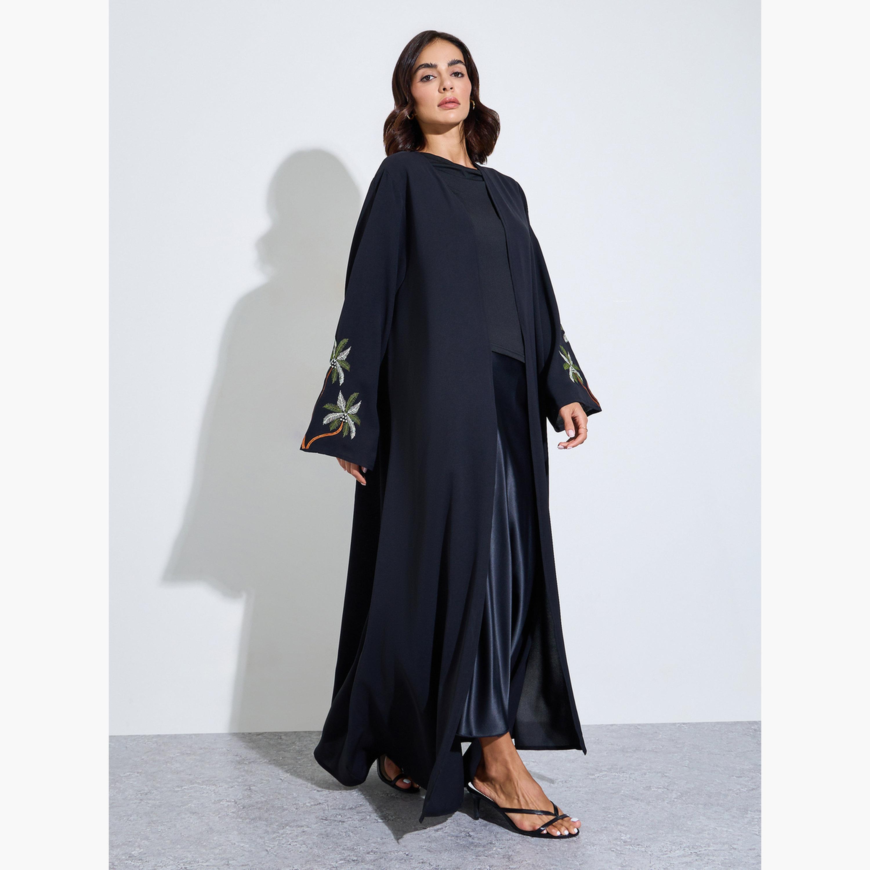 Amirah X Styli Black Embroidered Sleeve Front Open Abaya-women-arabicclothing-abayas-image-1