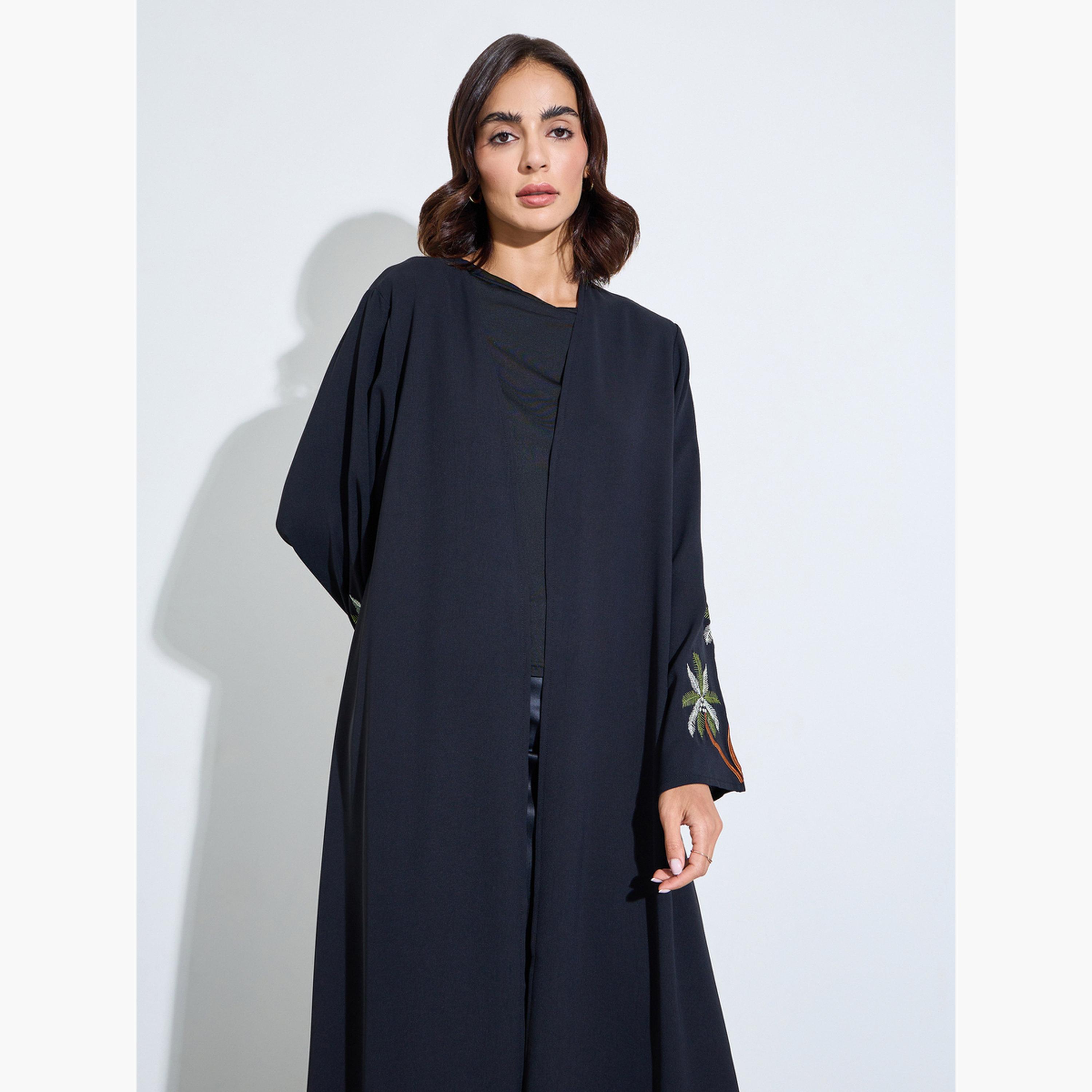 Amirah X Styli Black Embroidered Sleeve Front Open Abaya-women-arabicclothing-abayas-image-2