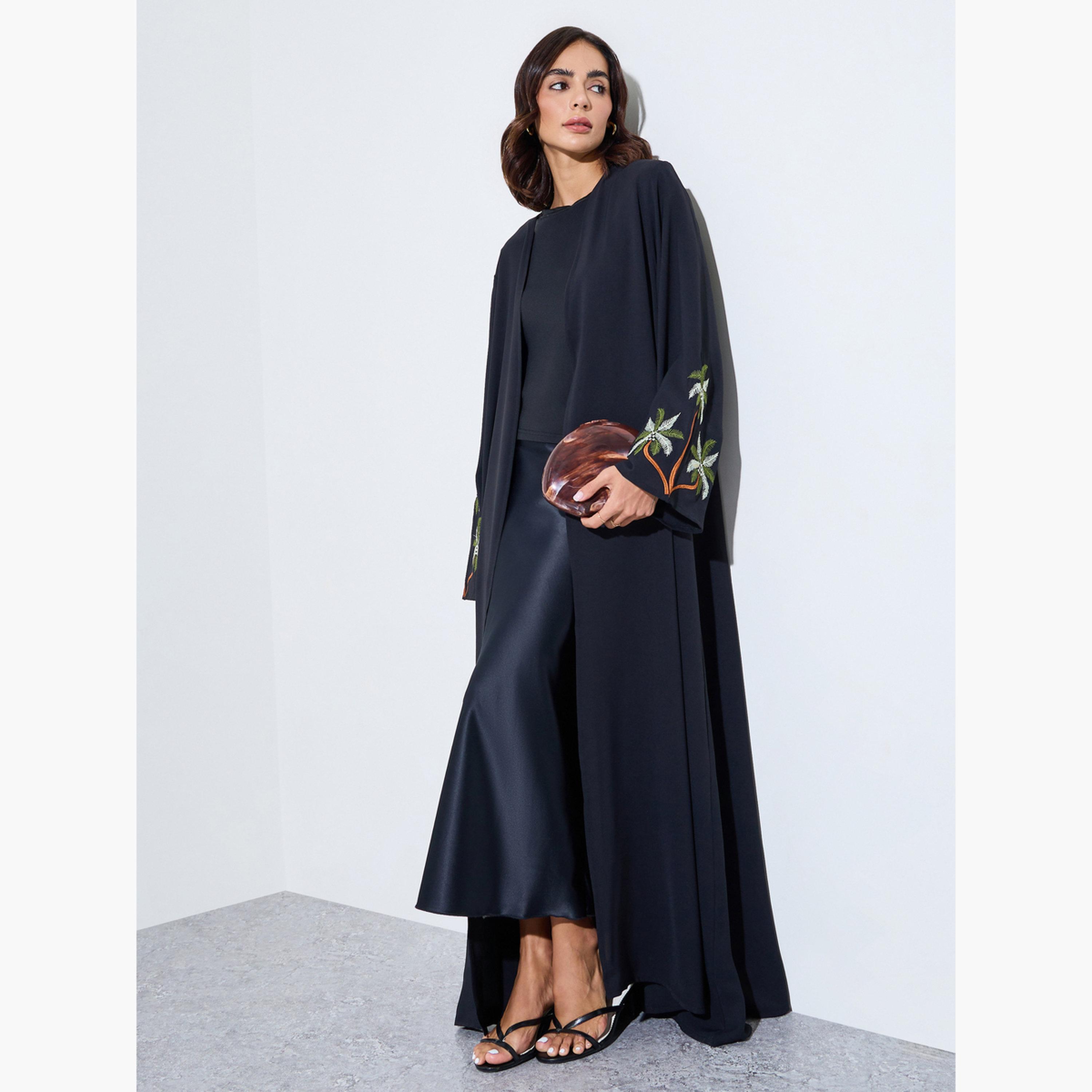 Amirah X Styli Black Embroidered Sleeve Front Open Abaya-women-arabicclothing-abayas-image-3
