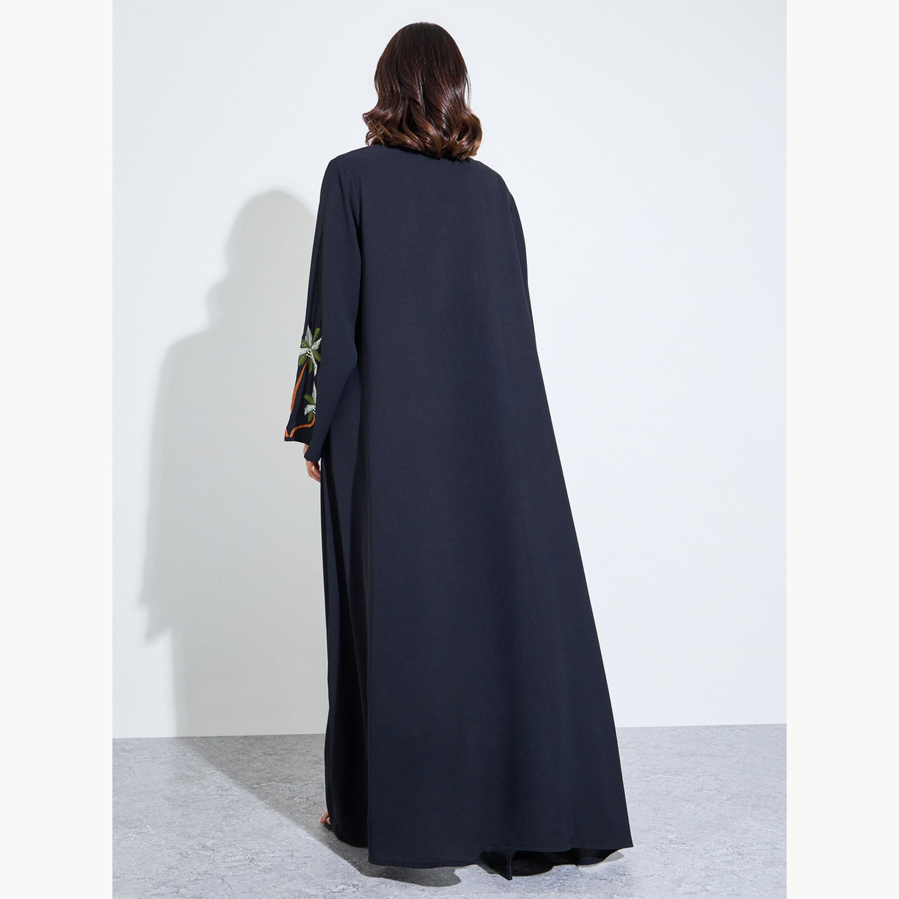 Amirah X Styli Black Embroidered Sleeve Front Open Abaya-women-arabicclothing-abayas-image-4