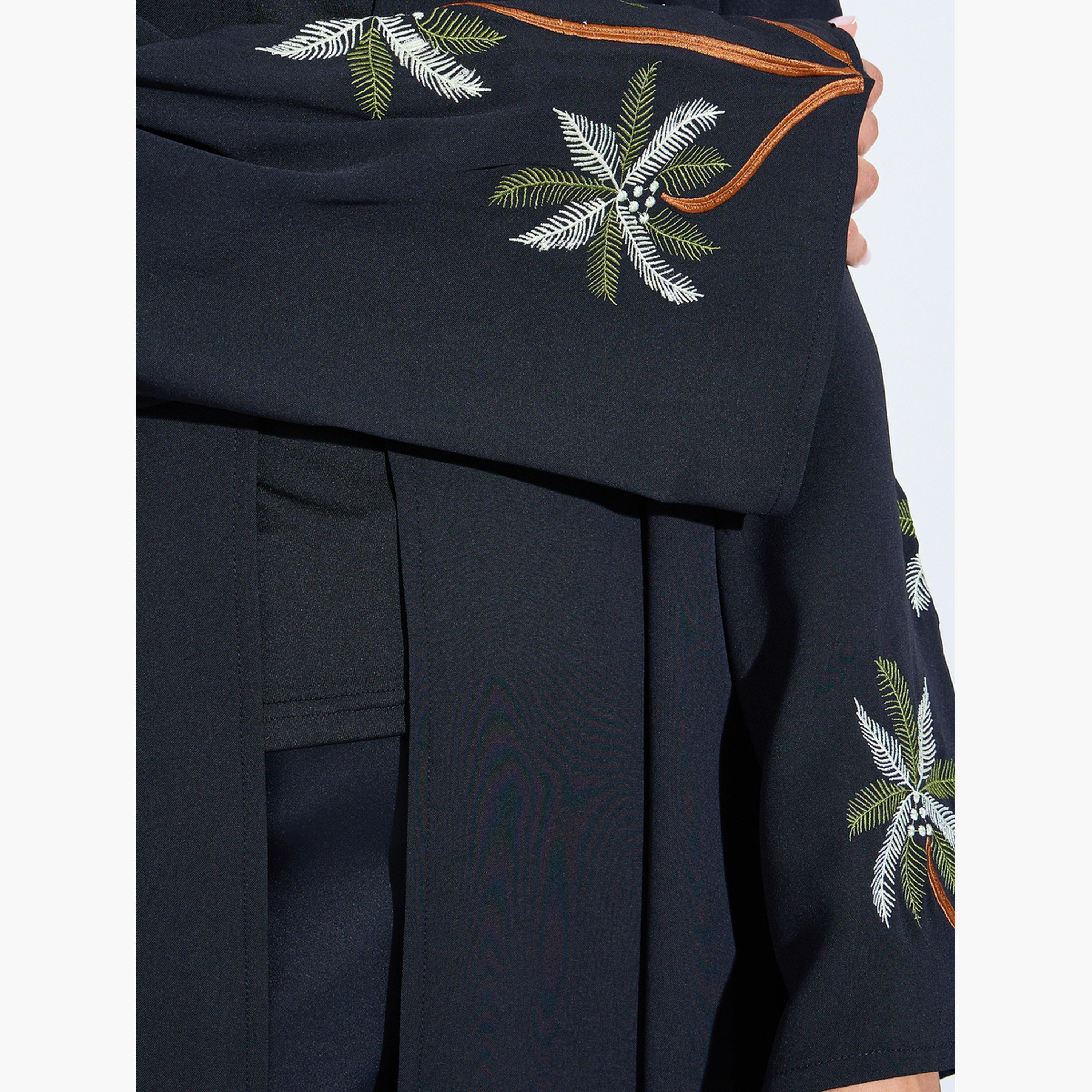 Amirah X Styli Black Embroidered Sleeve Front Open Abaya-women-arabicclothing-abayas-image-5
