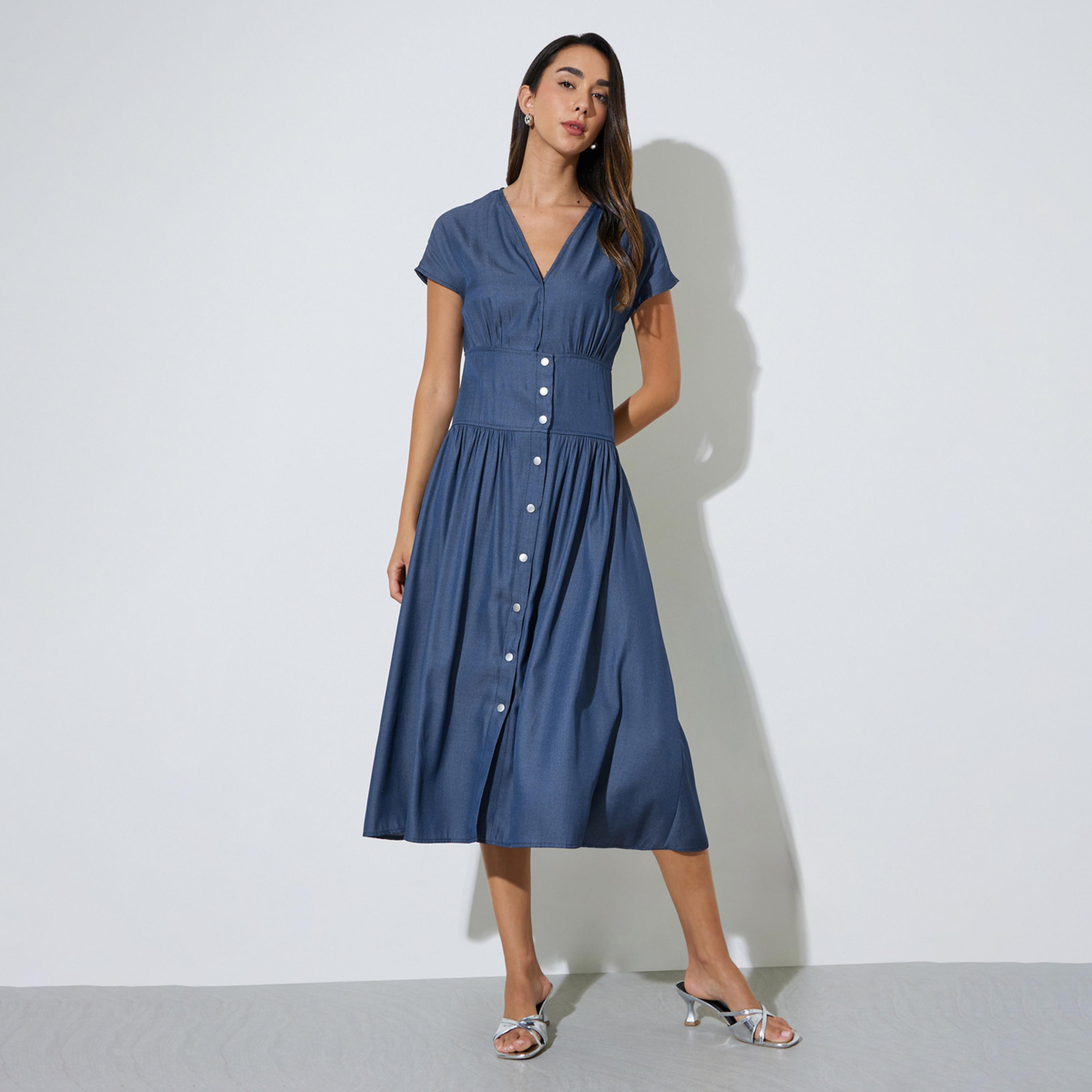 Styli Blue V Neck Casual Midi Dress with Front Button-women-clothing-dresses-image-1