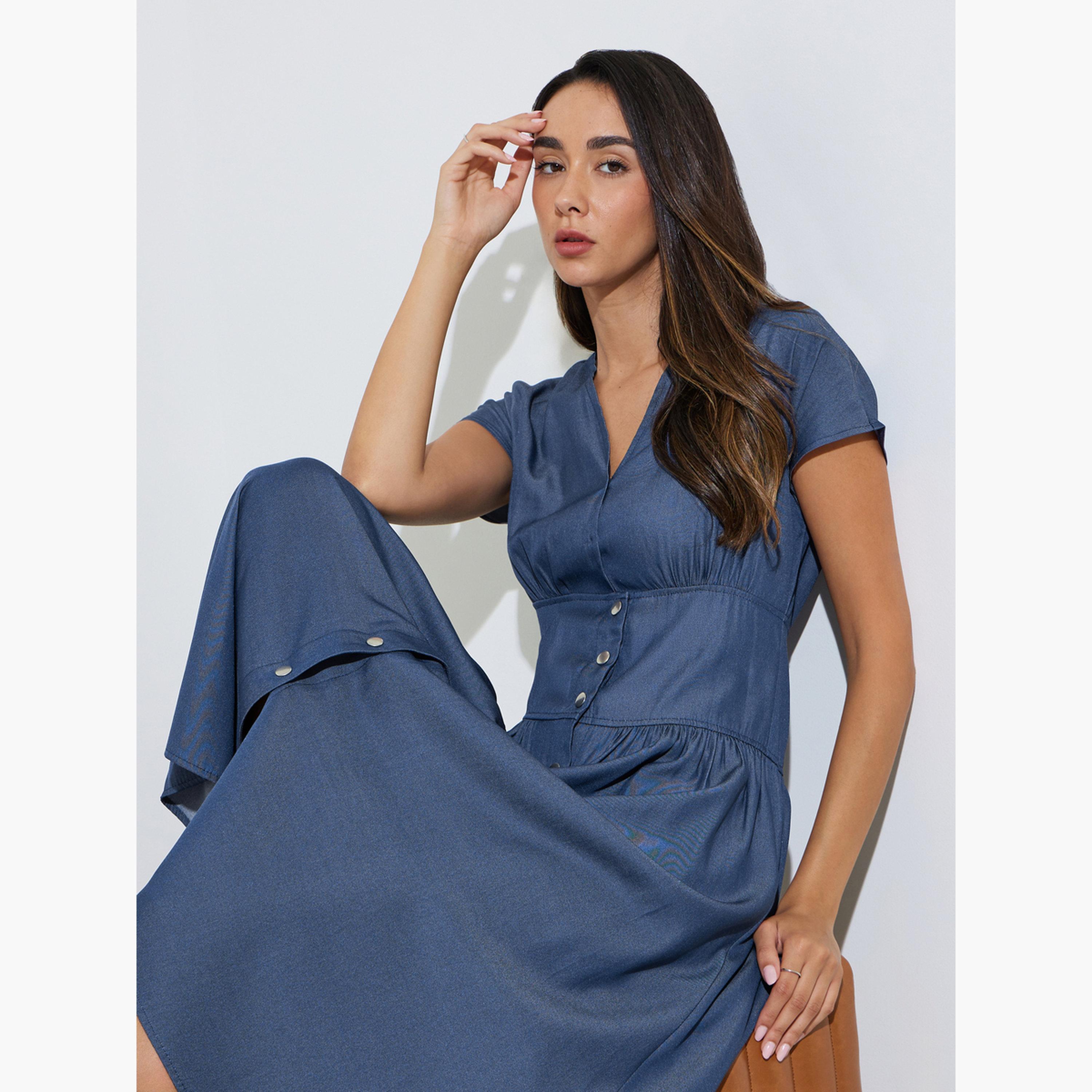 Styli Blue V Neck Casual Midi Dress with Front Button-women-clothing-dresses-image-2