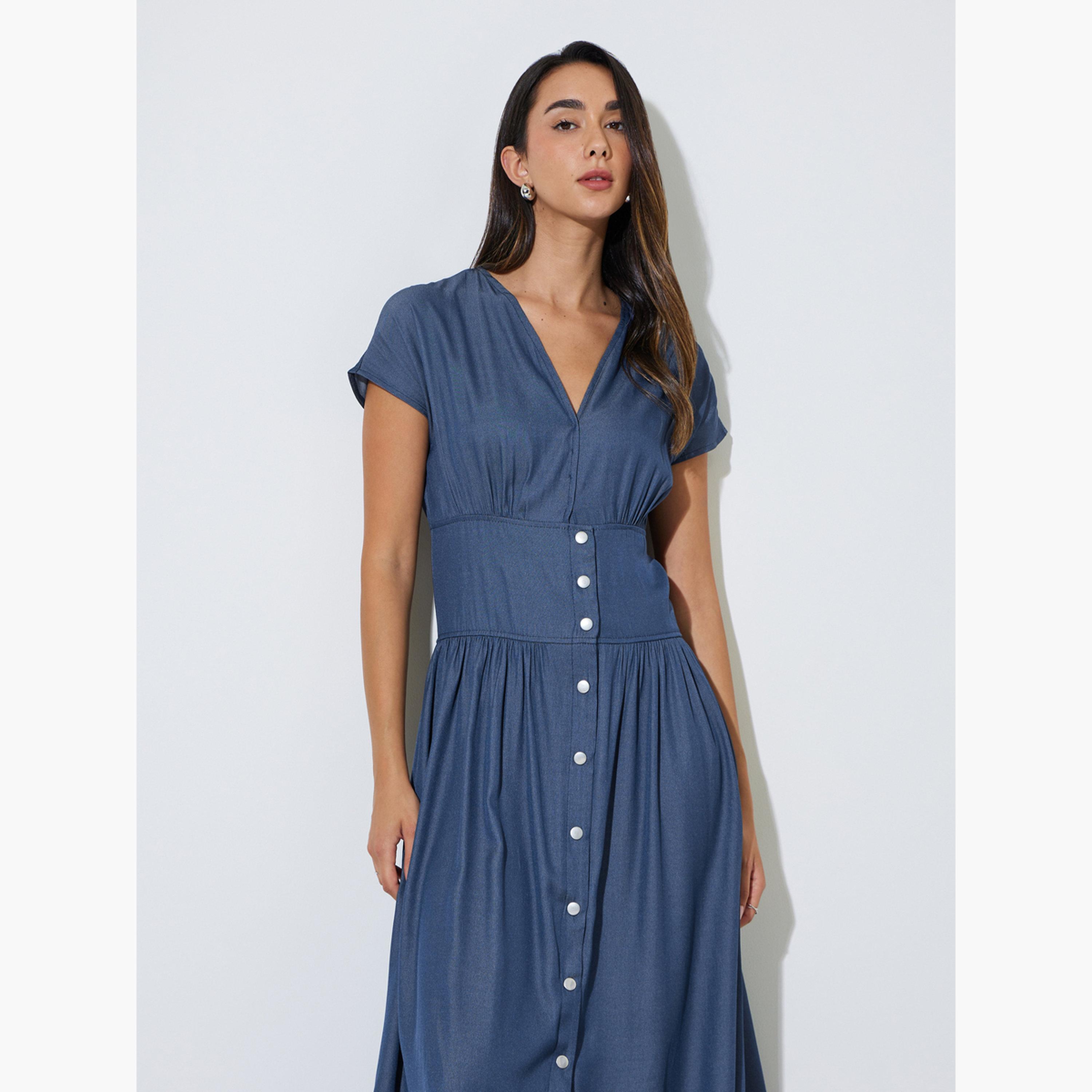 Styli Blue V Neck Casual Midi Dress with Front Button-women-clothing-dresses-image-3