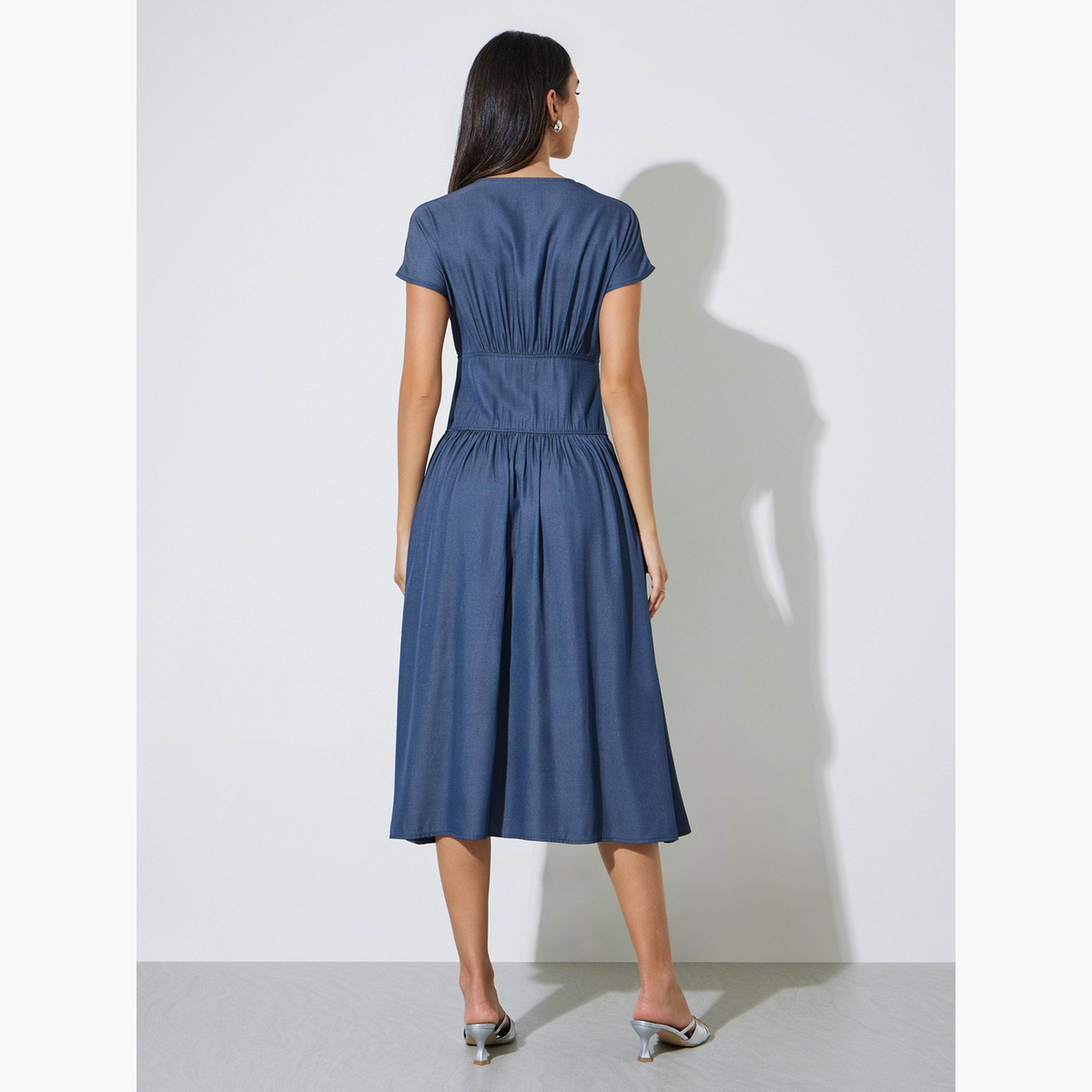 Styli Blue V Neck Casual Midi Dress with Front Button-women-clothing-dresses-image-4