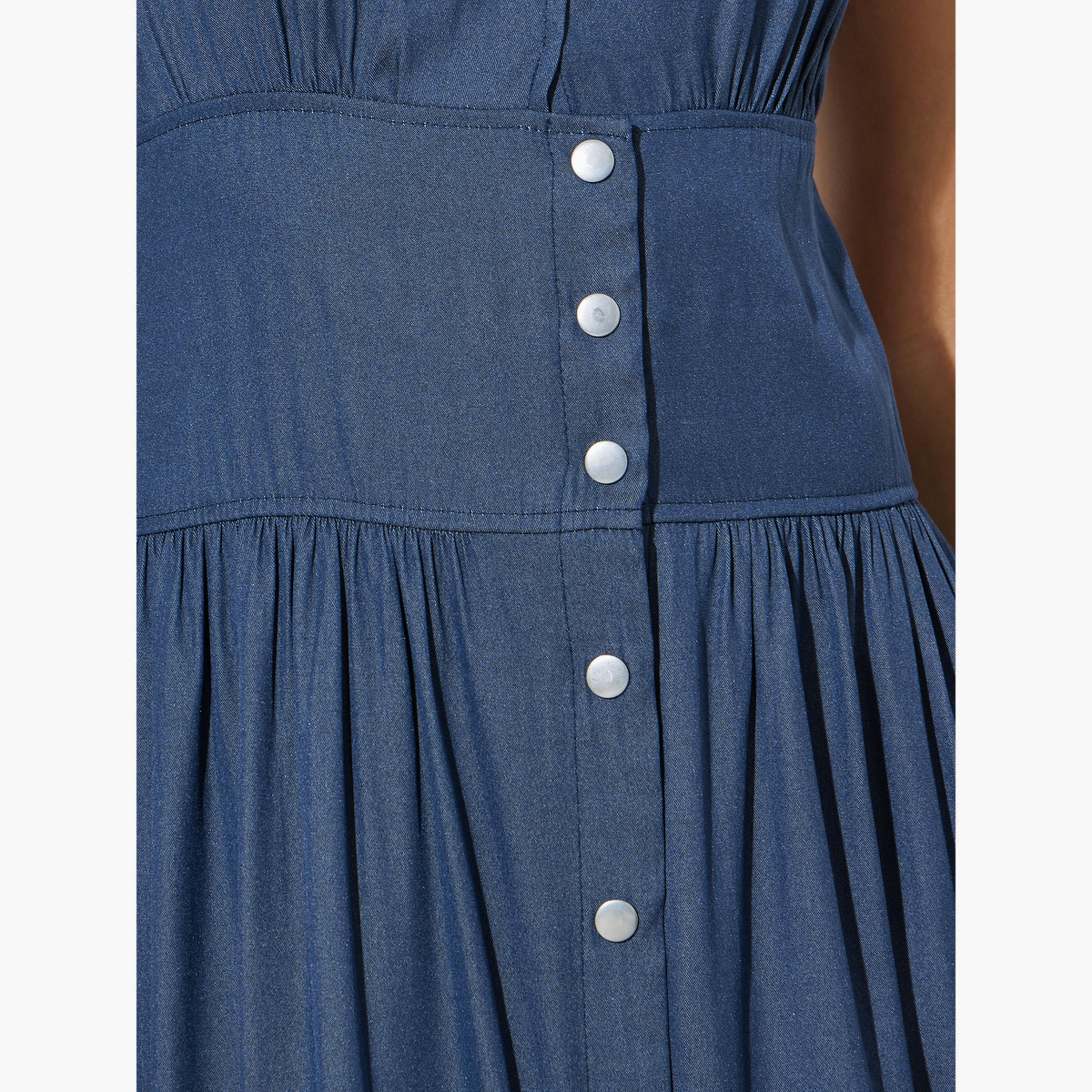 Styli Blue V Neck Casual Midi Dress with Front Button-women-clothing-dresses-image-5