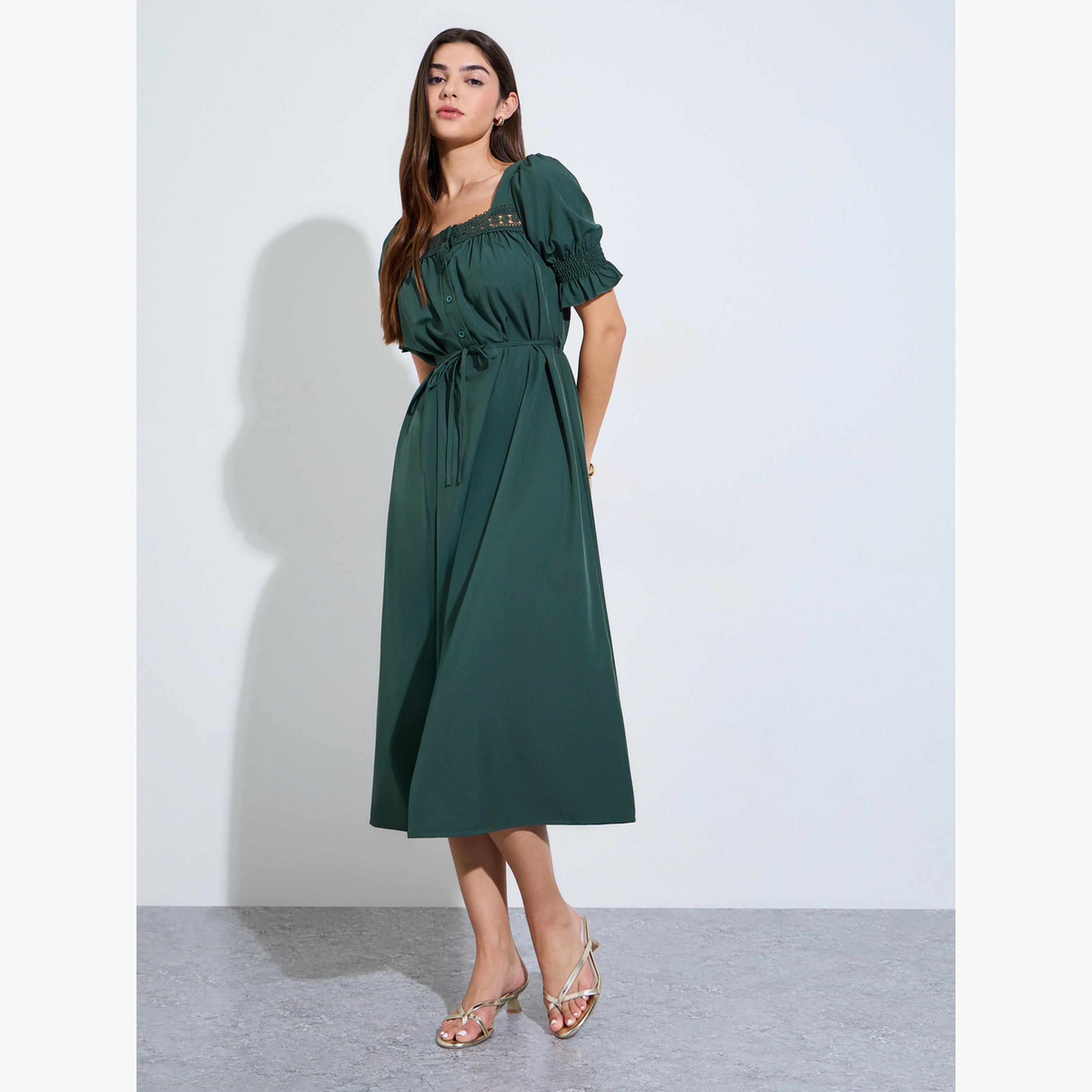 Styli Dark Green Square Neck A-Line Midi Dress-women-clothing-dresses-image-1