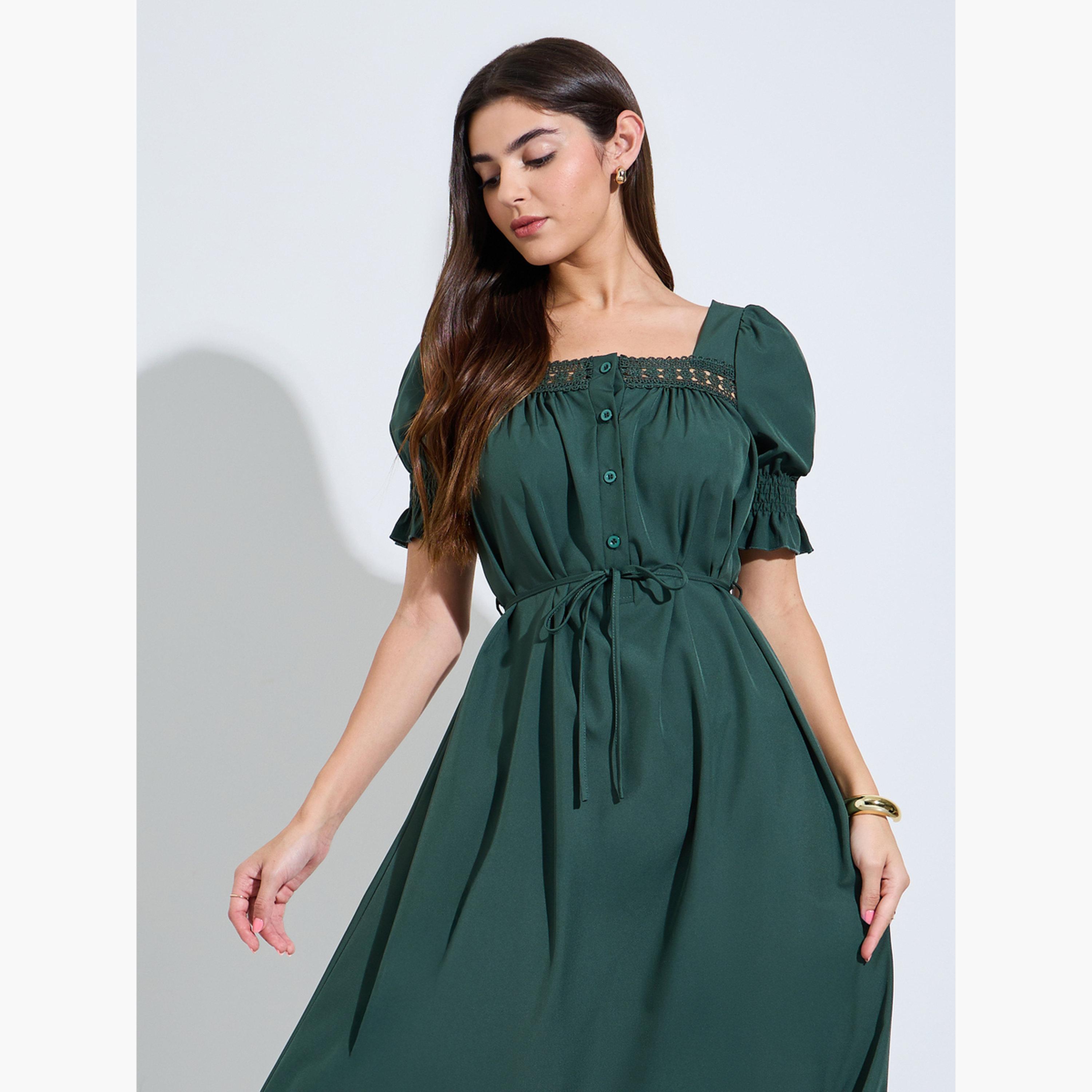 Styli Dark Green Square Neck A-Line Midi Dress-women-clothing-dresses-image-2