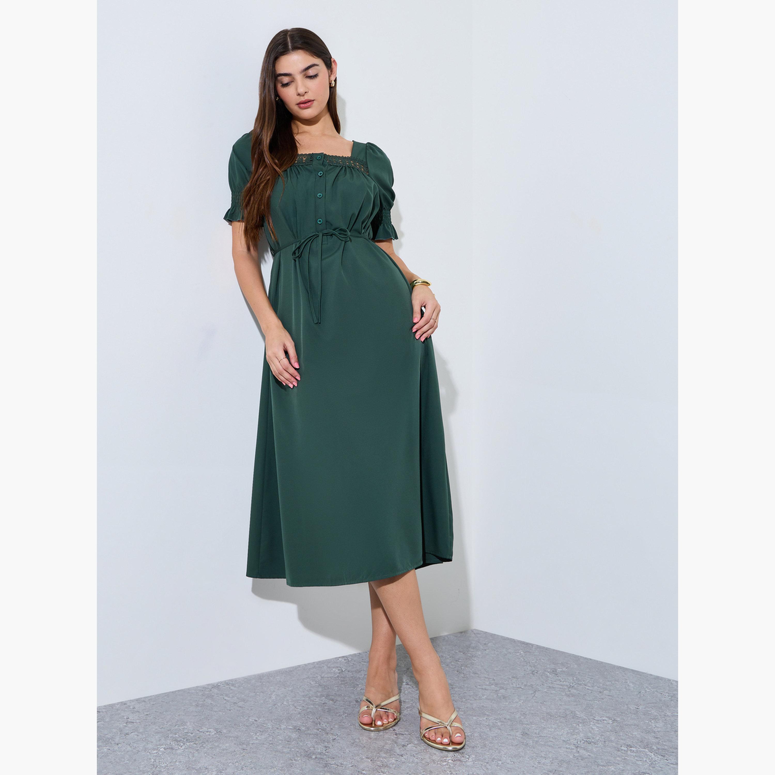 Styli Dark Green Square Neck A-Line Midi Dress-women-clothing-dresses-image-3