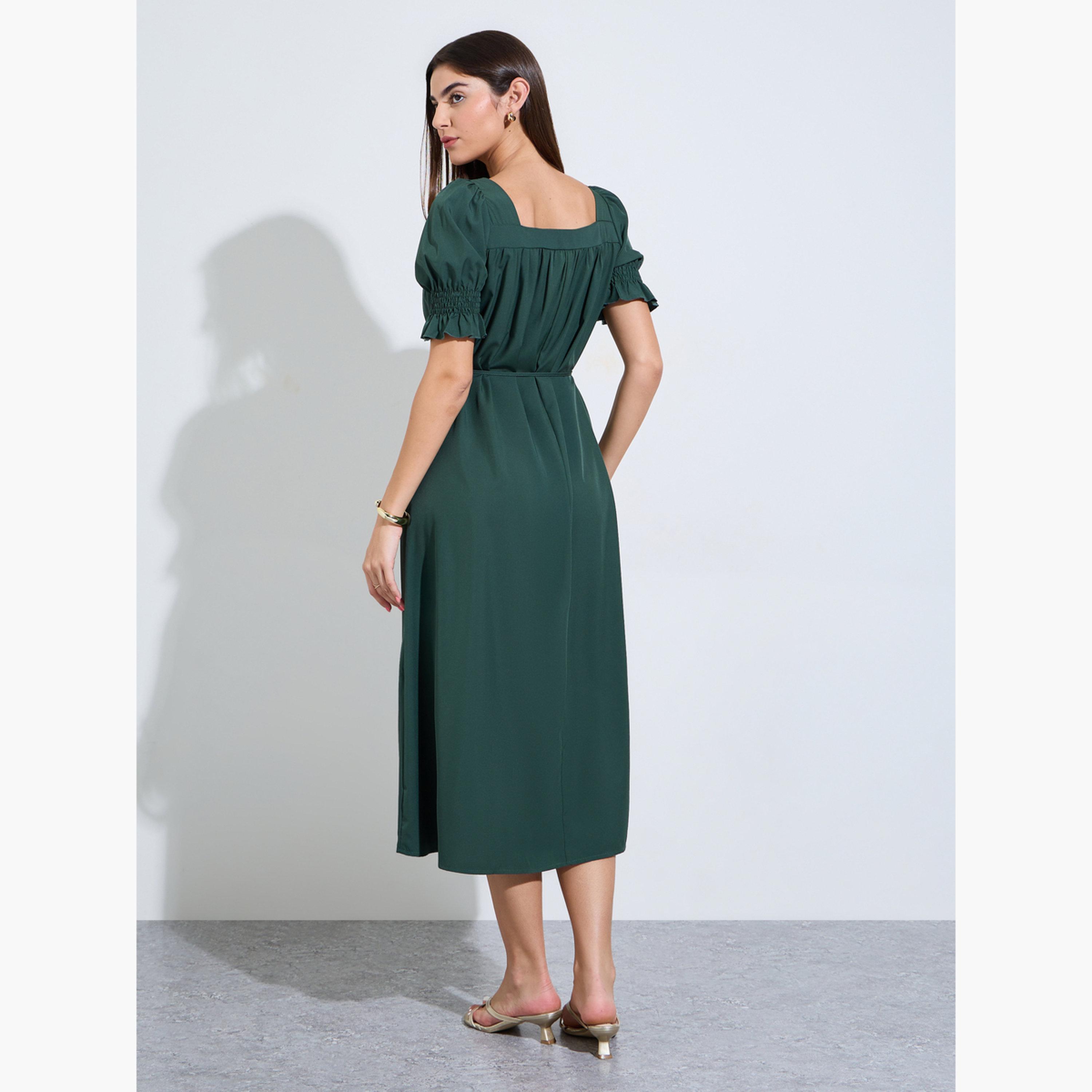 Styli Dark Green Square Neck A-Line Midi Dress-women-clothing-dresses-image-4