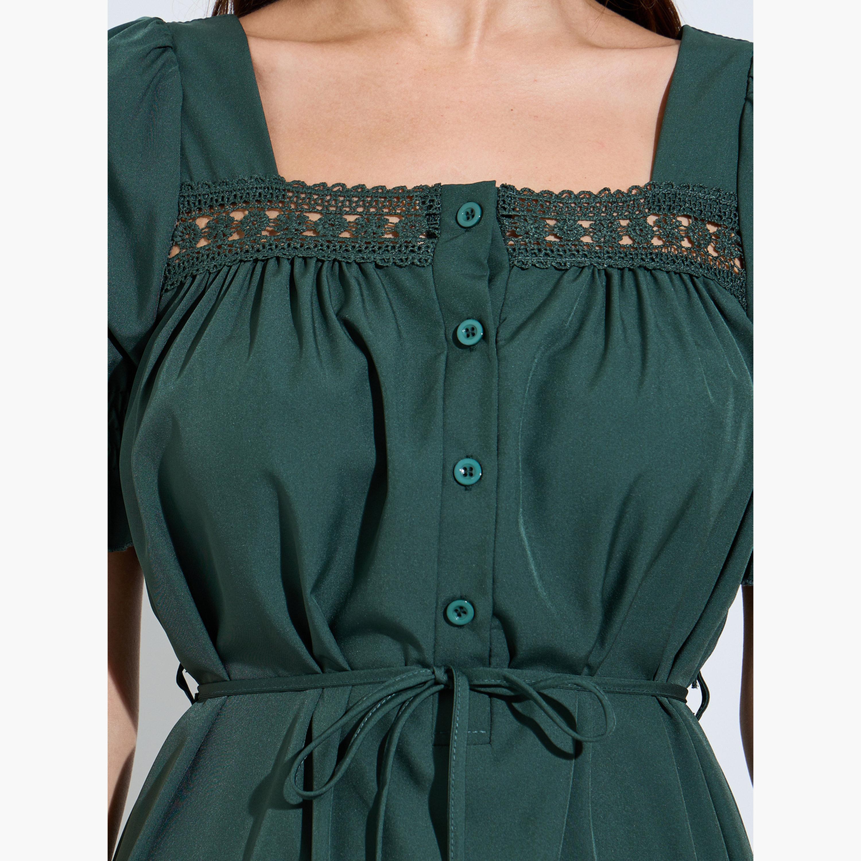 Styli Dark Green Square Neck A-Line Midi Dress-women-clothing-dresses-image-5
